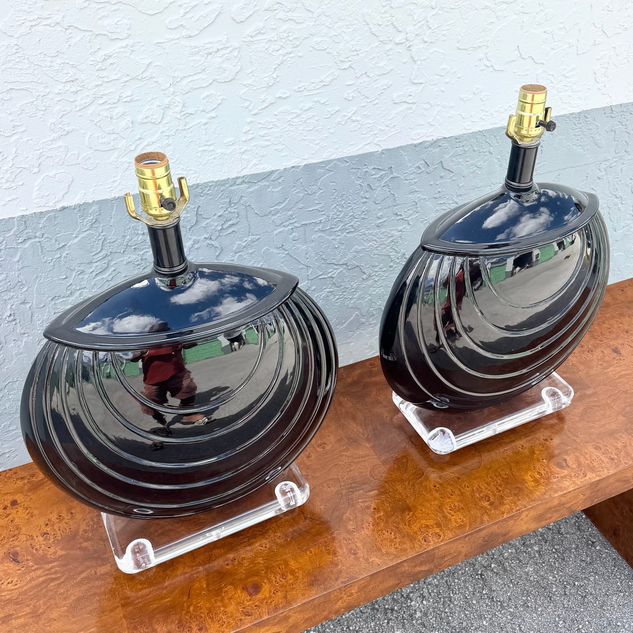 1980s Postmaster Deco Black Gloss Ceramic and Lucite Table Lamps - A Pair Dolphin & Flamingo