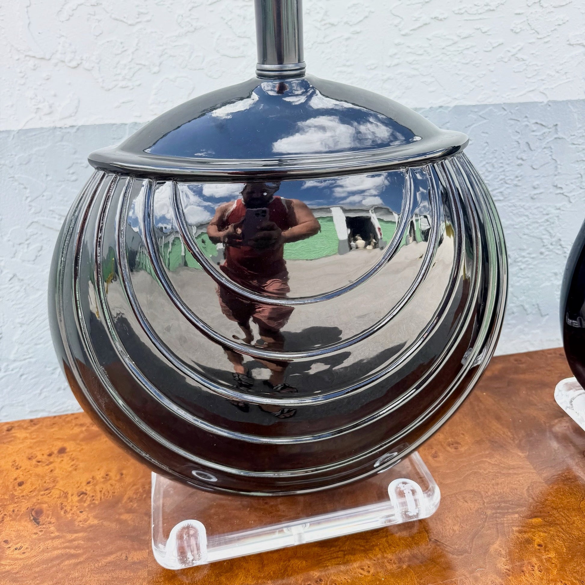 1980s Postmaster Deco Black Gloss Ceramic and Lucite Table Lamps - A Pair Dolphin & Flamingo