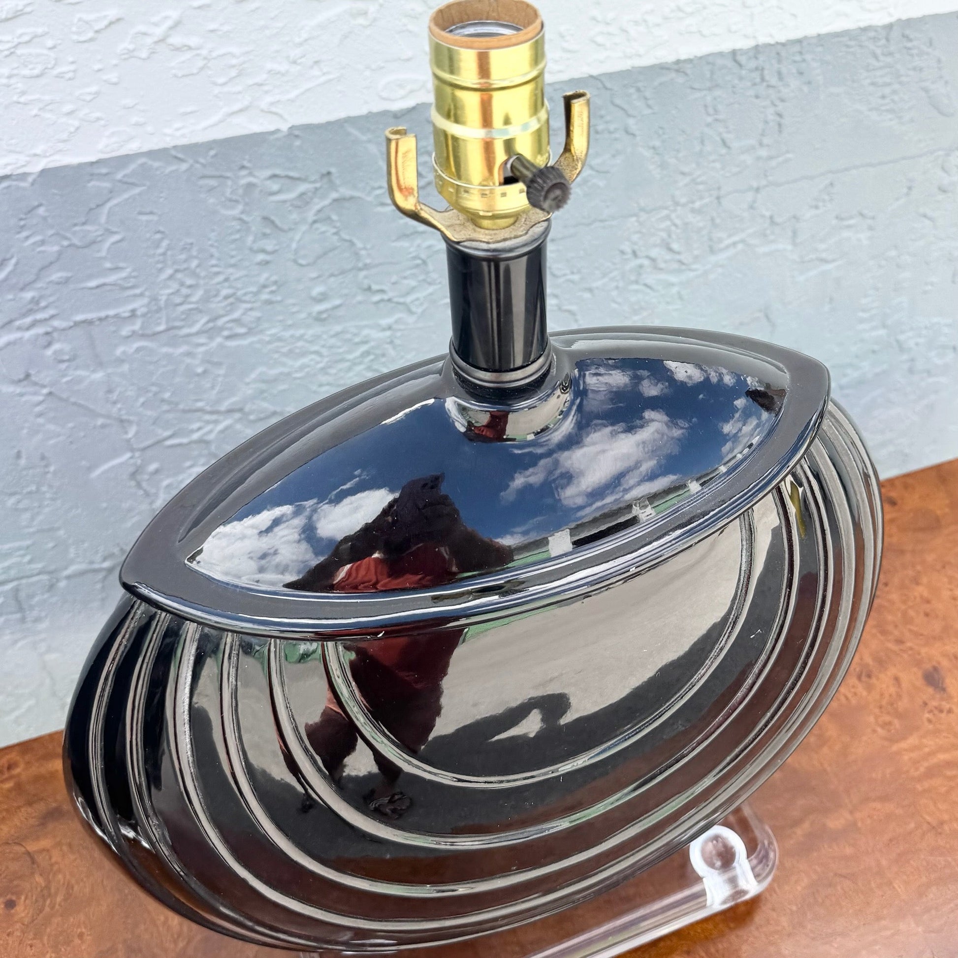 1980s Postmaster Deco Black Gloss Ceramic and Lucite Table Lamps - A Pair Dolphin & Flamingo