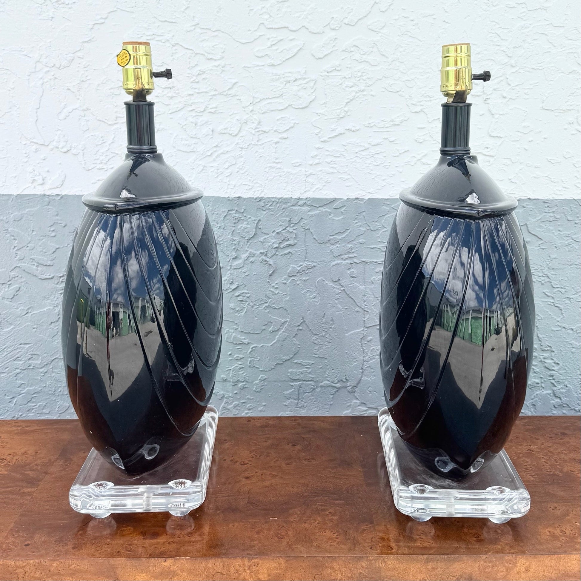 1980s Postmaster Deco Black Gloss Ceramic and Lucite Table Lamps - A Pair Dolphin & Flamingo