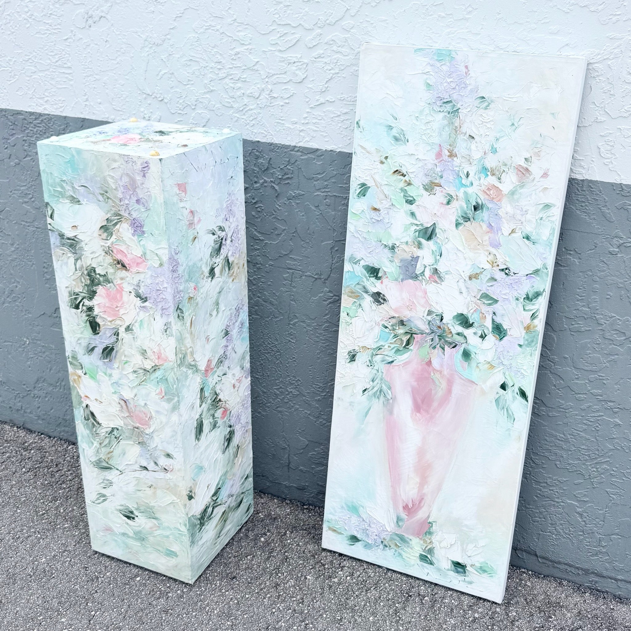 Vintage Textured Floral Painted Pedestal and Painting - 2 Pieces Dolphin & Flamingo