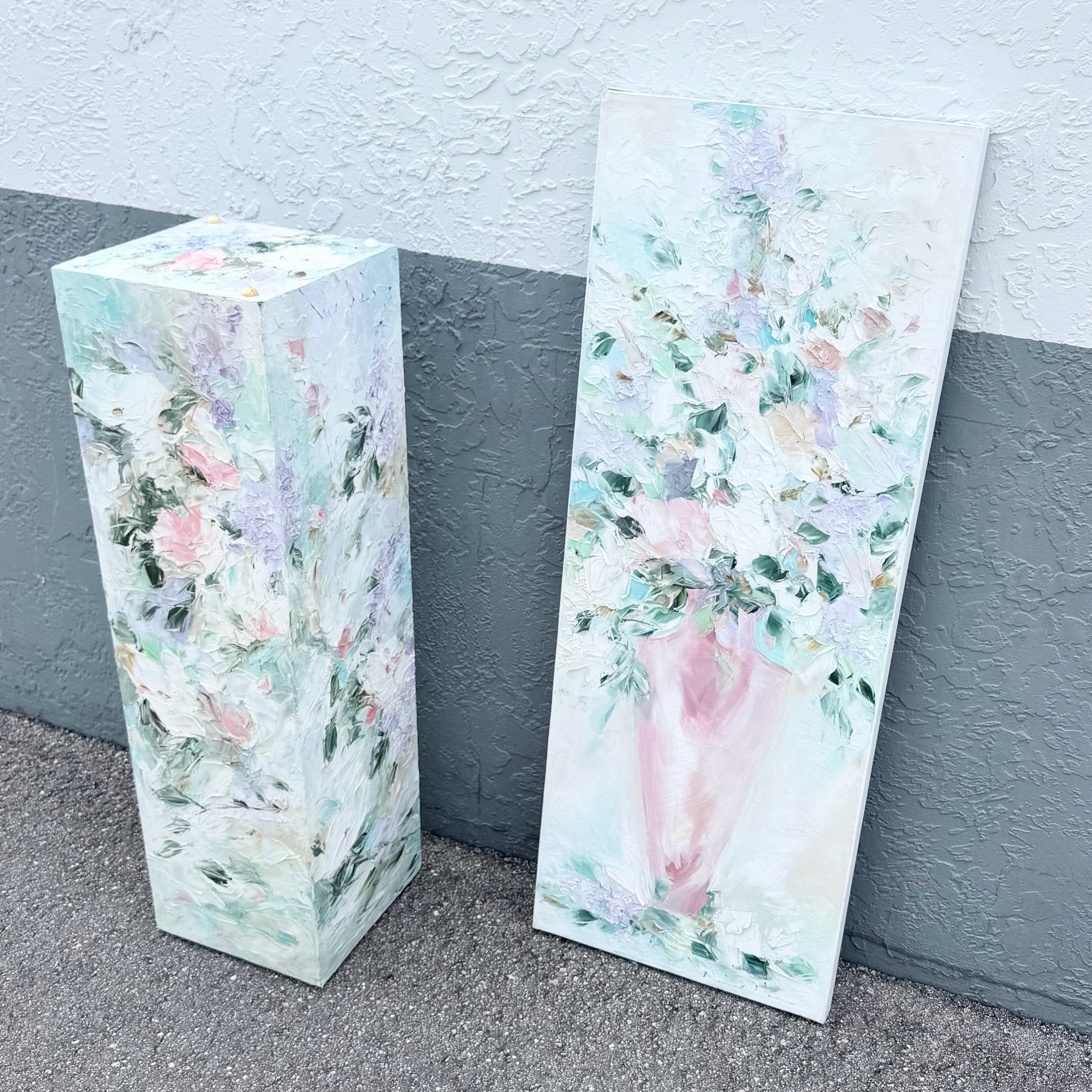 Vintage Textured Floral Painted Pedestal and Painting - 2 Pieces Dolphin & Flamingo