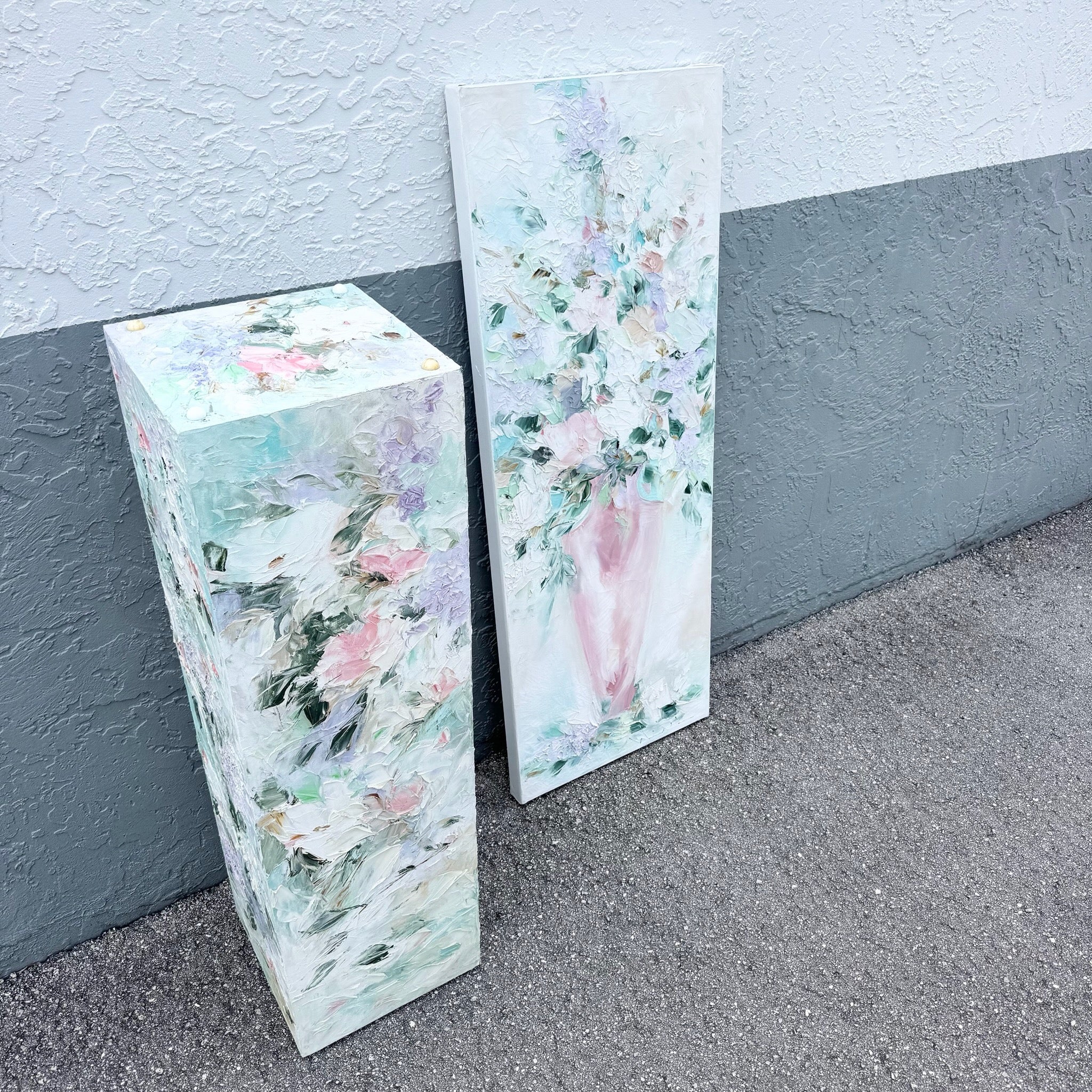 Vintage Textured Floral Painted Pedestal and Painting - 2 Pieces Dolphin & Flamingo