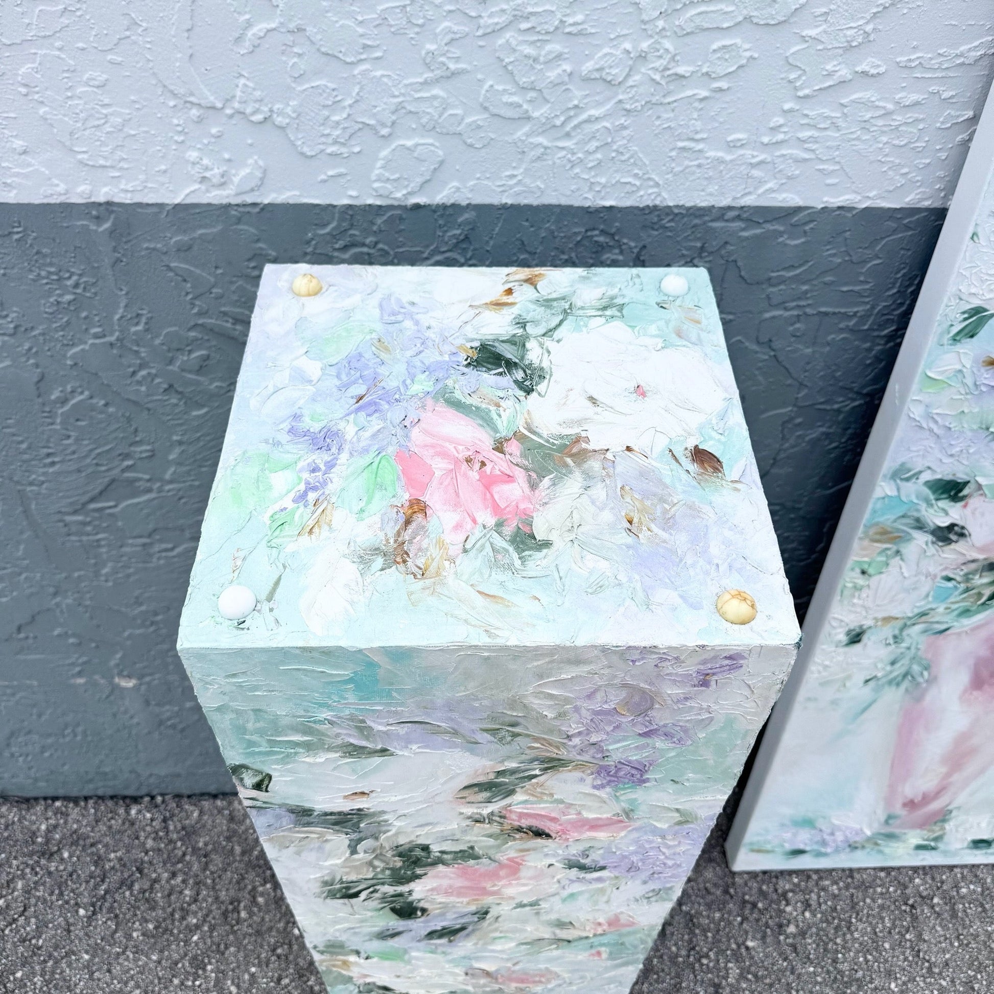 Vintage Textured Floral Painted Pedestal and Painting - 2 Pieces Dolphin & Flamingo