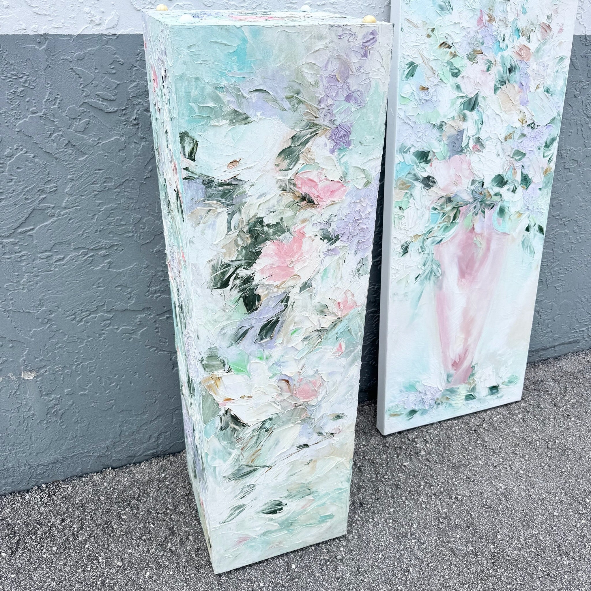 Vintage Textured Floral Painted Pedestal and Painting - 2 Pieces Dolphin & Flamingo