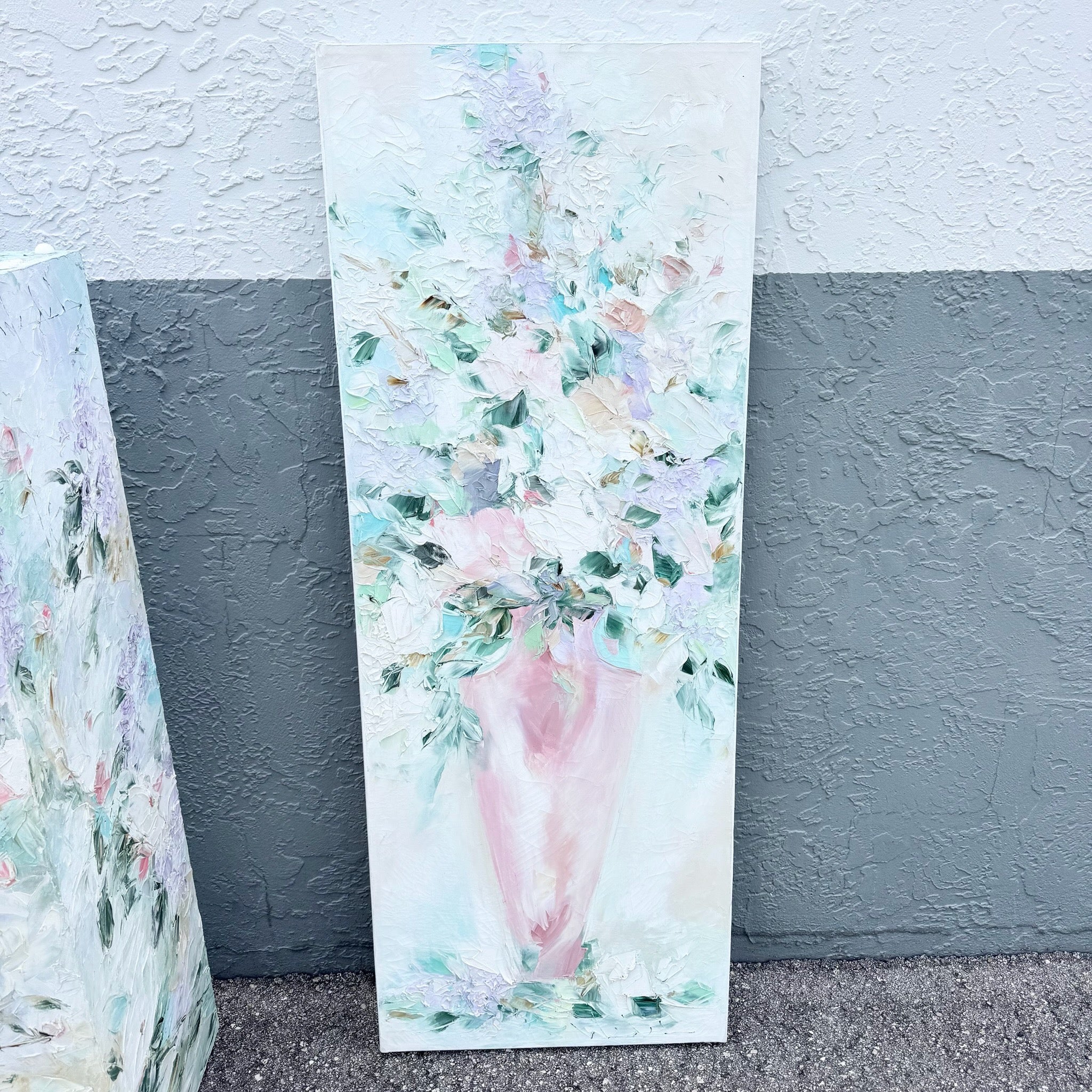 Vintage Textured Floral Painted Pedestal and Painting - 2 Pieces Dolphin & Flamingo