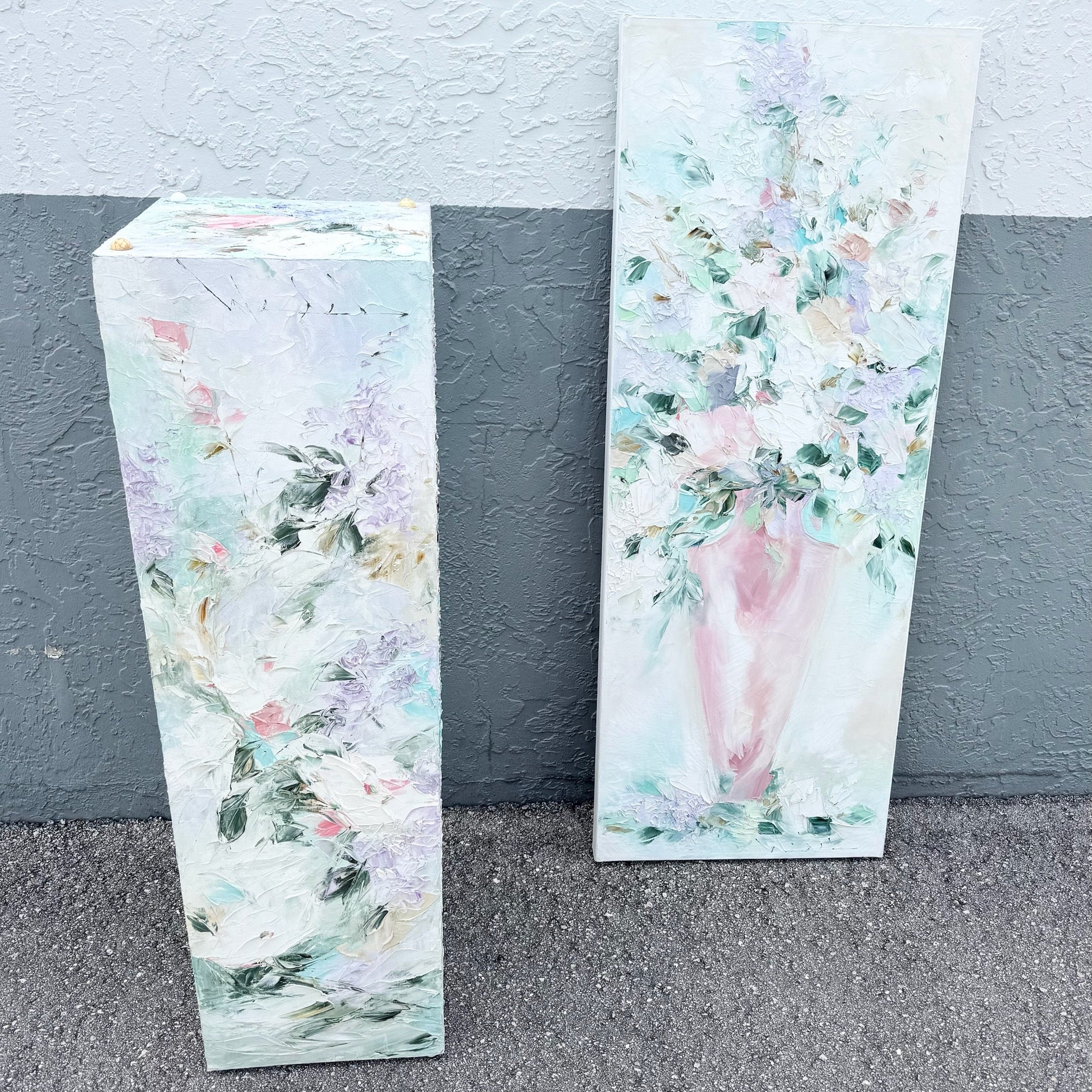 Vintage Textured Floral Painted Pedestal and Painting - 2 Pieces Dolphin & Flamingo