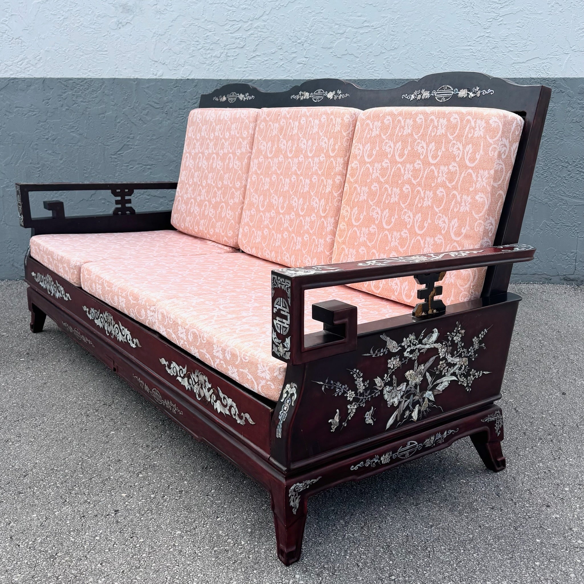 Vintage Chinese Rosewood With Mother of Pearl Inlay Sofa Dolphin & Flamingo