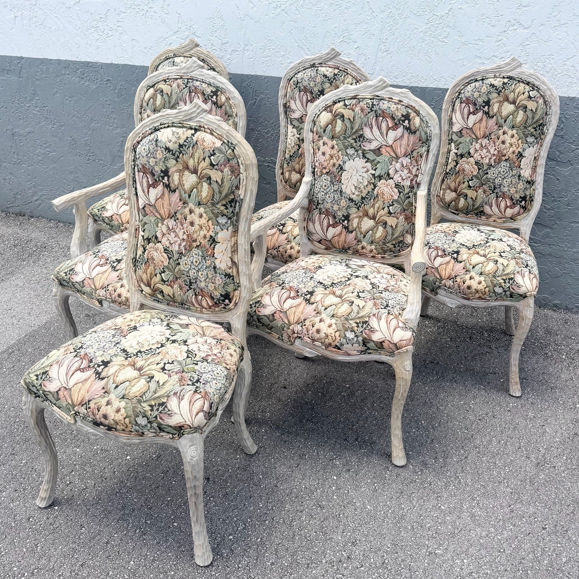 Vintage French Provincial Faux Bois Dining Chairs - Set of 6 Dolphin & Flamingo