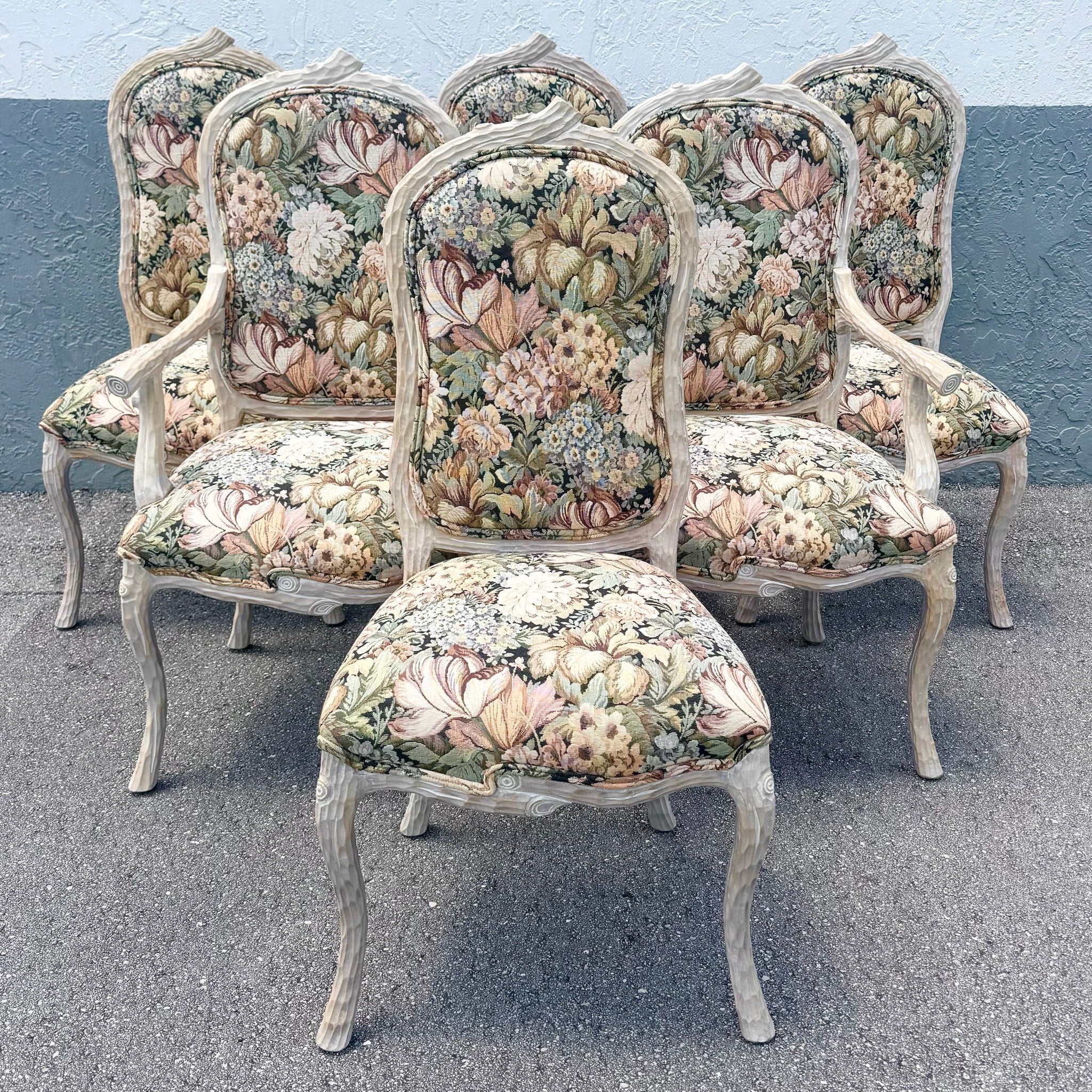 Vintage French Provincial Faux Bois Dining Chairs - Set of 6 Dolphin & Flamingo