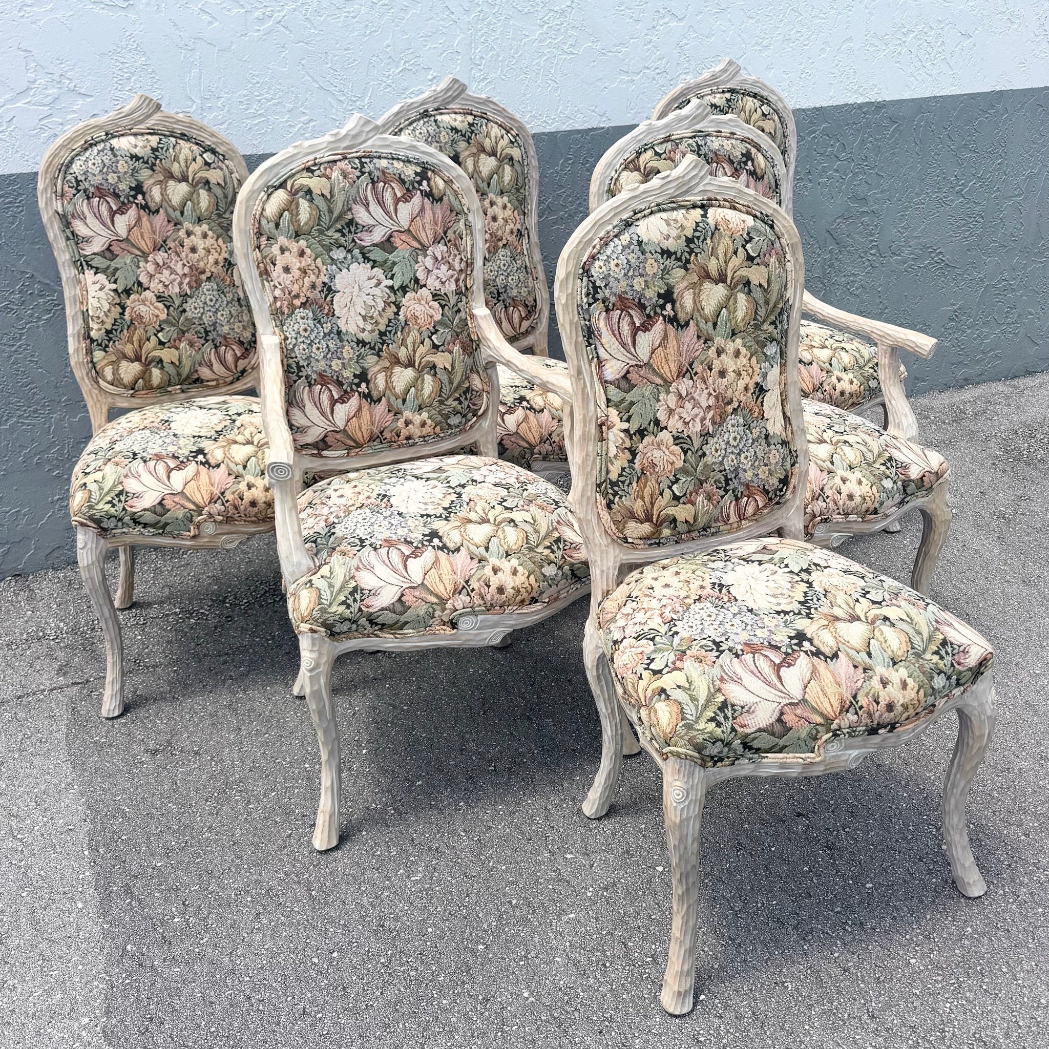 Vintage French Provincial Faux Bois Dining Chairs - Set of 6 Dolphin & Flamingo
