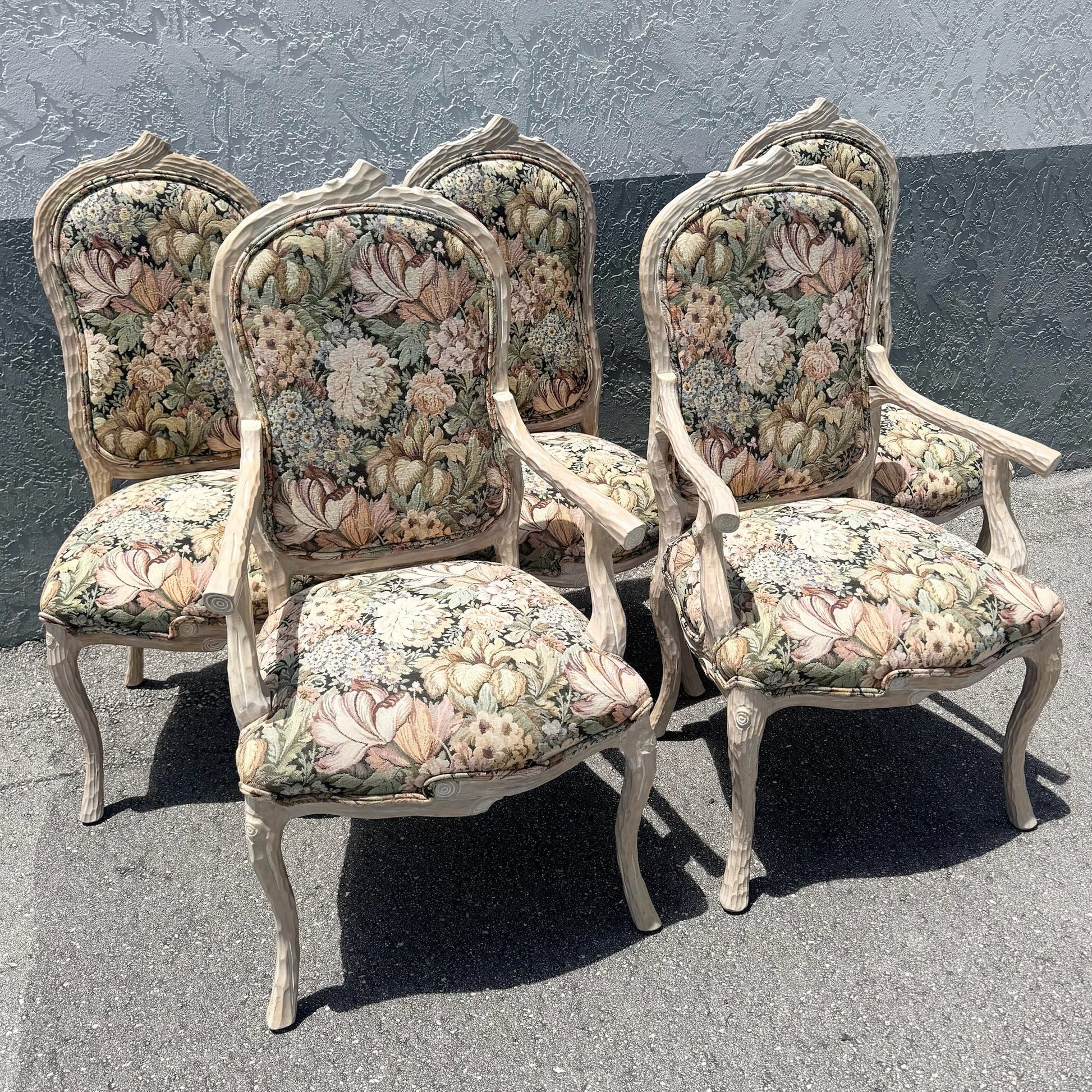 Vintage French Provincial Faux Bois Dining Chairs - Set of 6 Dolphin & Flamingo