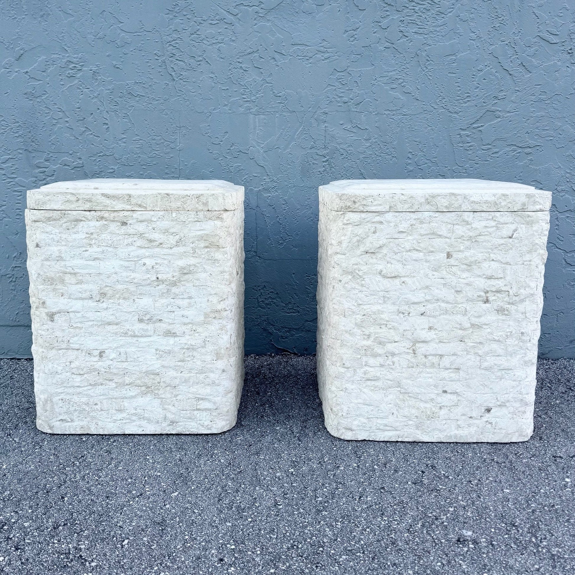 Postmodern Tessellated Stone Swivel Top Side Table With Storage - A Pair Dolphin & Flamingo