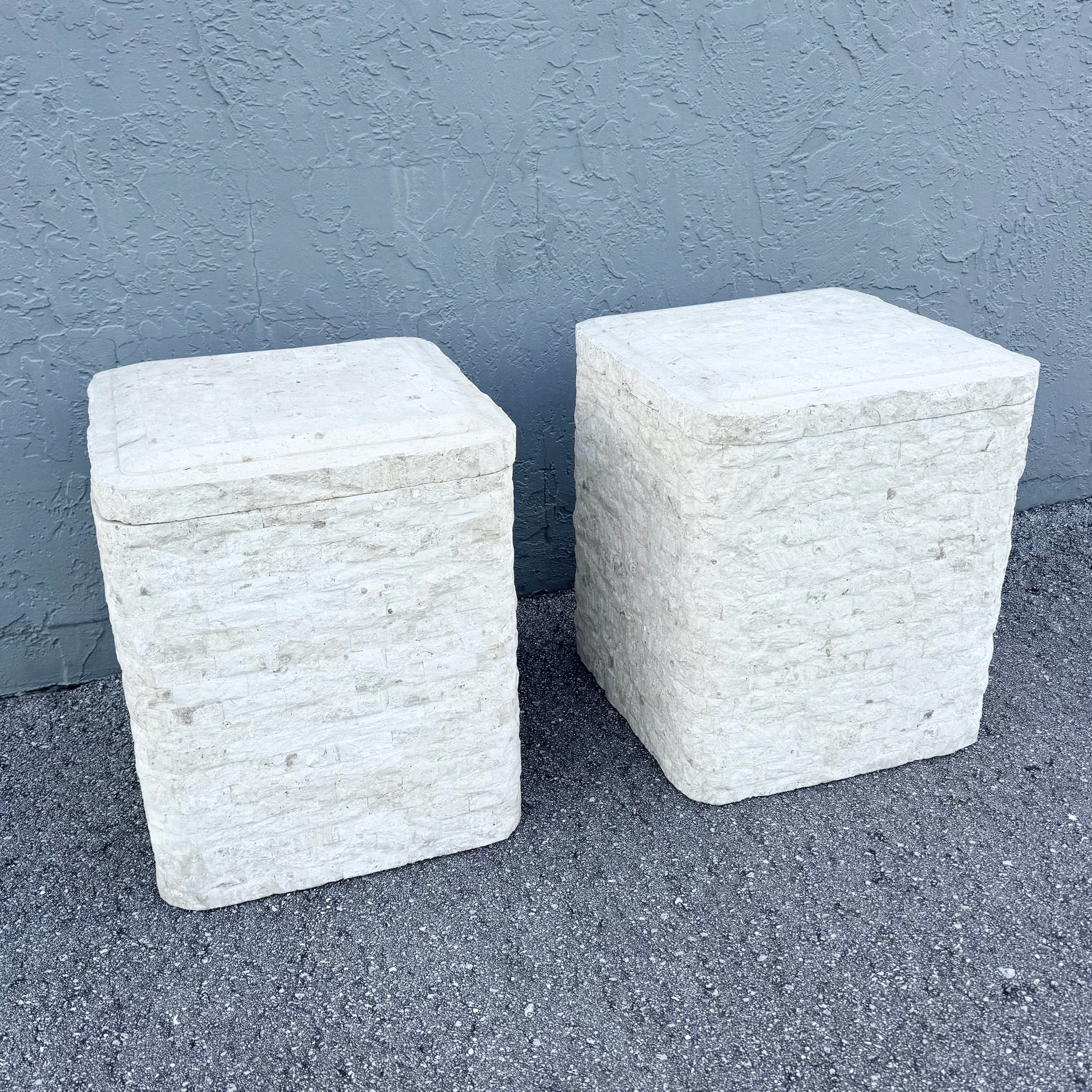 Postmodern Tessellated Stone Swivel Top Side Table With Storage - A Pair Dolphin & Flamingo