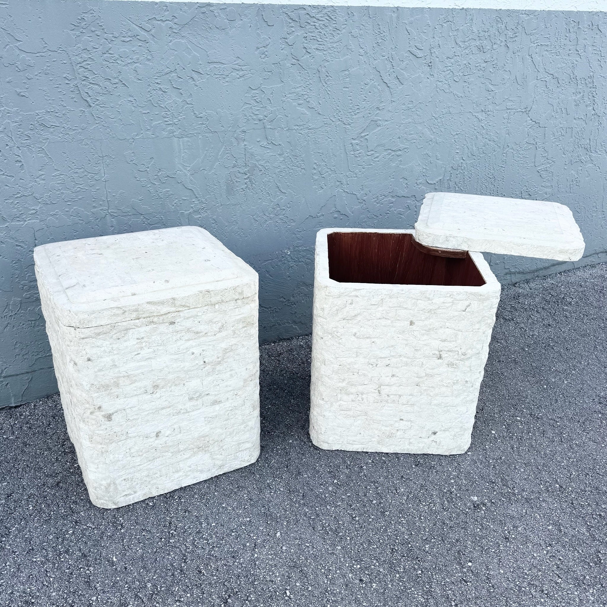 Postmodern Tessellated Stone Swivel Top Side Table With Storage - A Pair Dolphin & Flamingo