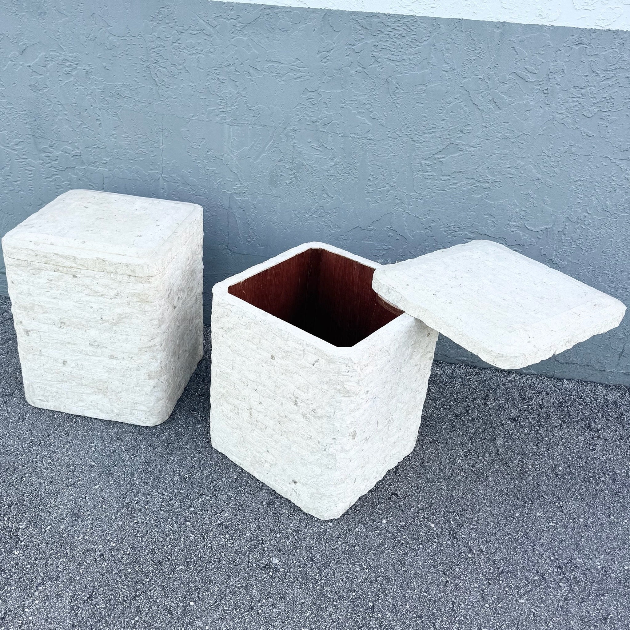 Postmodern Tessellated Stone Swivel Top Side Table With Storage - A Pair Dolphin & Flamingo