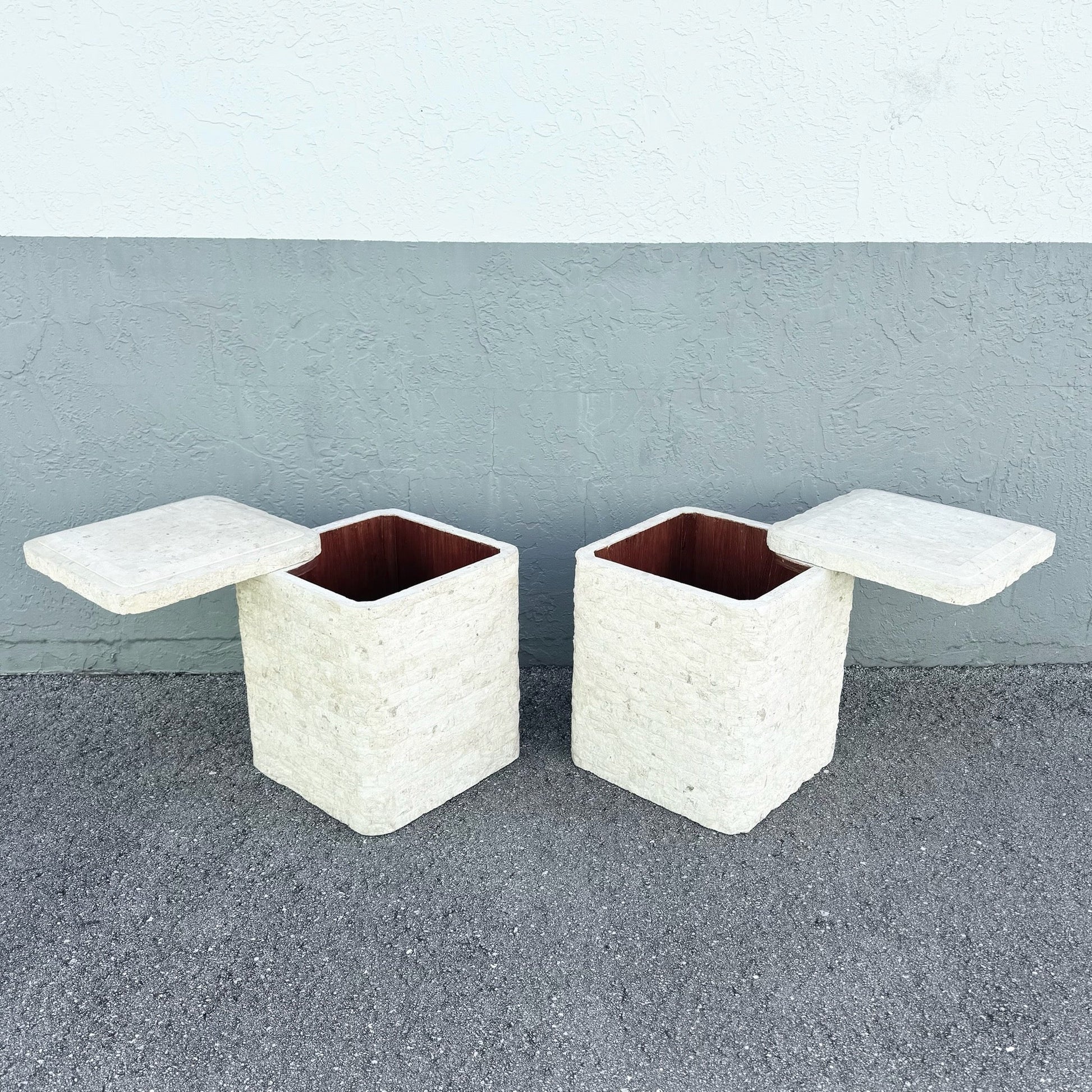 Postmodern Tessellated Stone Swivel Top Side Table With Storage - A Pair Dolphin & Flamingo