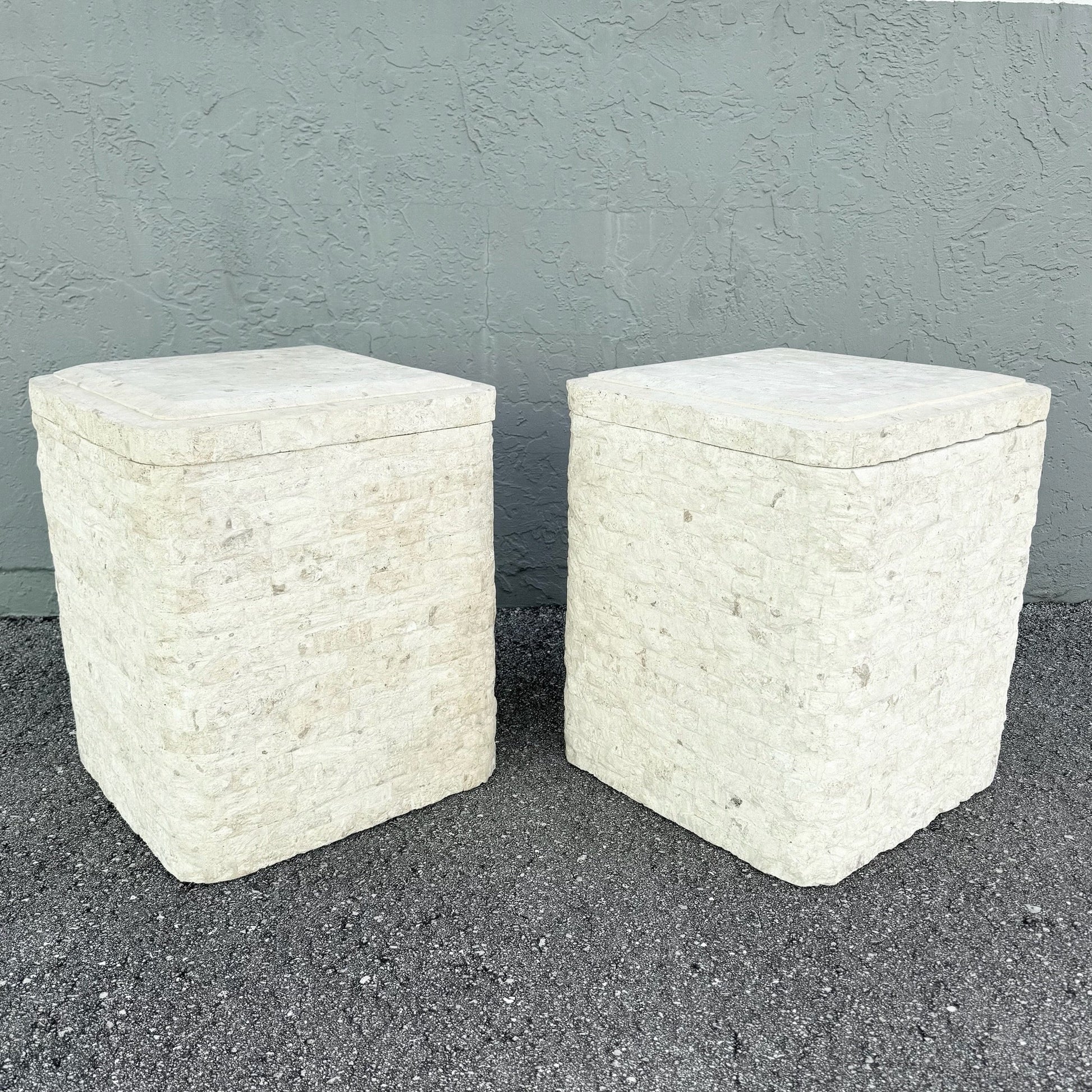 Postmodern Tessellated Stone Swivel Top Side Table With Storage - A Pair Dolphin & Flamingo