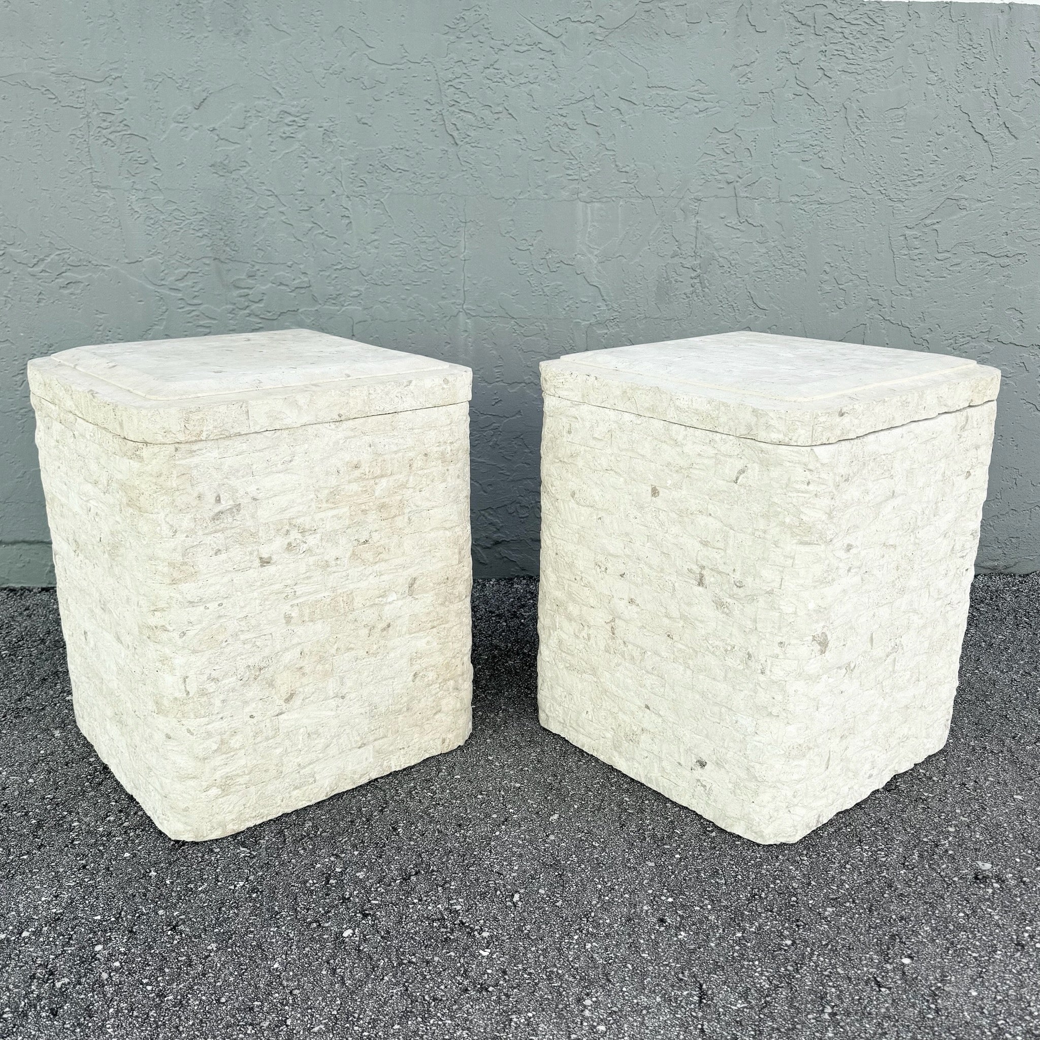 Postmodern Tessellated Stone Swivel Top Side Table With Storage - A Pair Dolphin & Flamingo