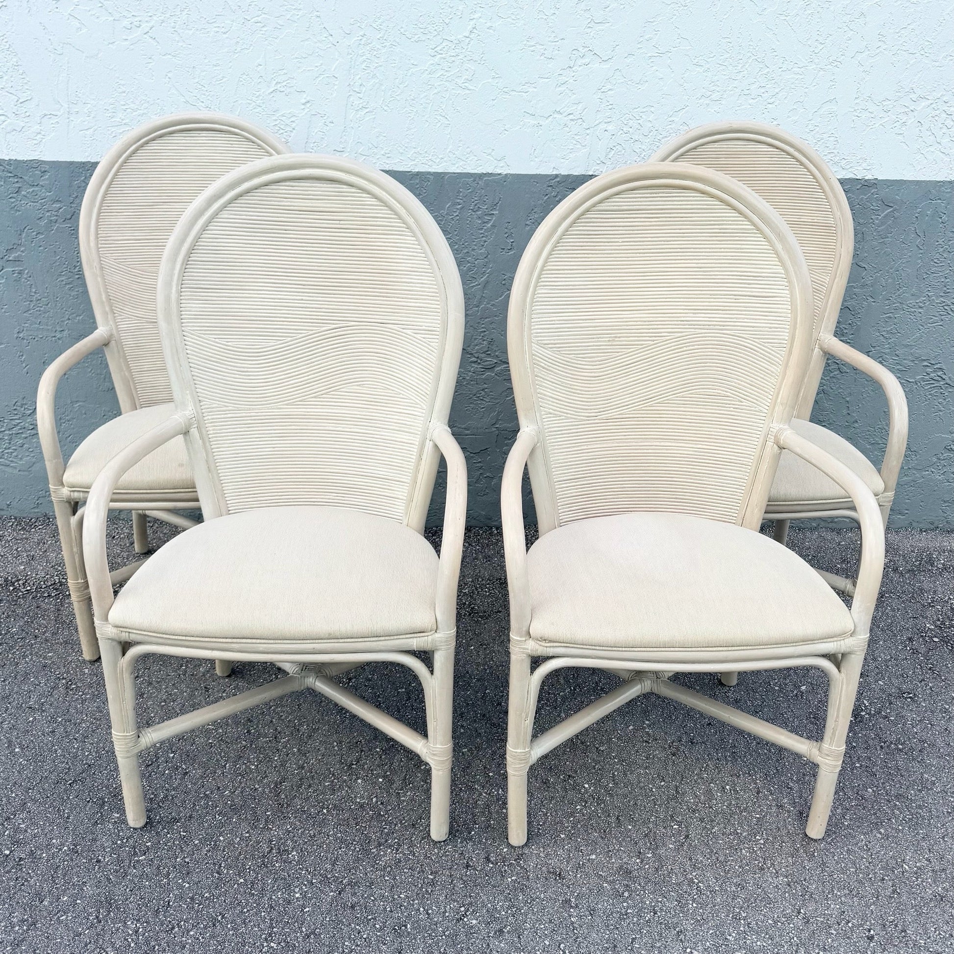 Boho Chic Wavy Pencil Reed and Rattan Dining Arm Chairs - Set of 4 Dolphin & Flamingo