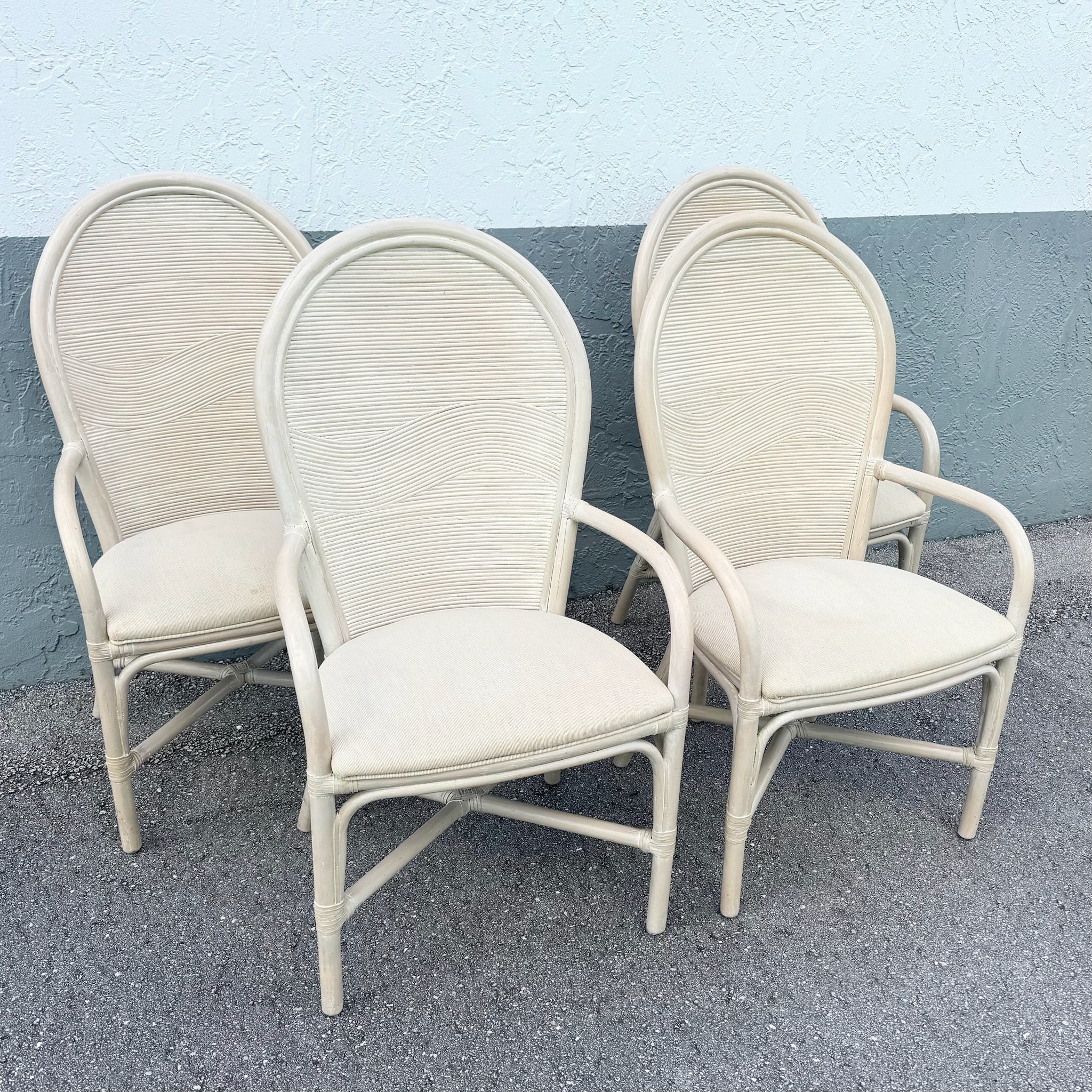 Boho Chic Wavy Pencil Reed and Rattan Dining Arm Chairs - Set of 4 Dolphin & Flamingo