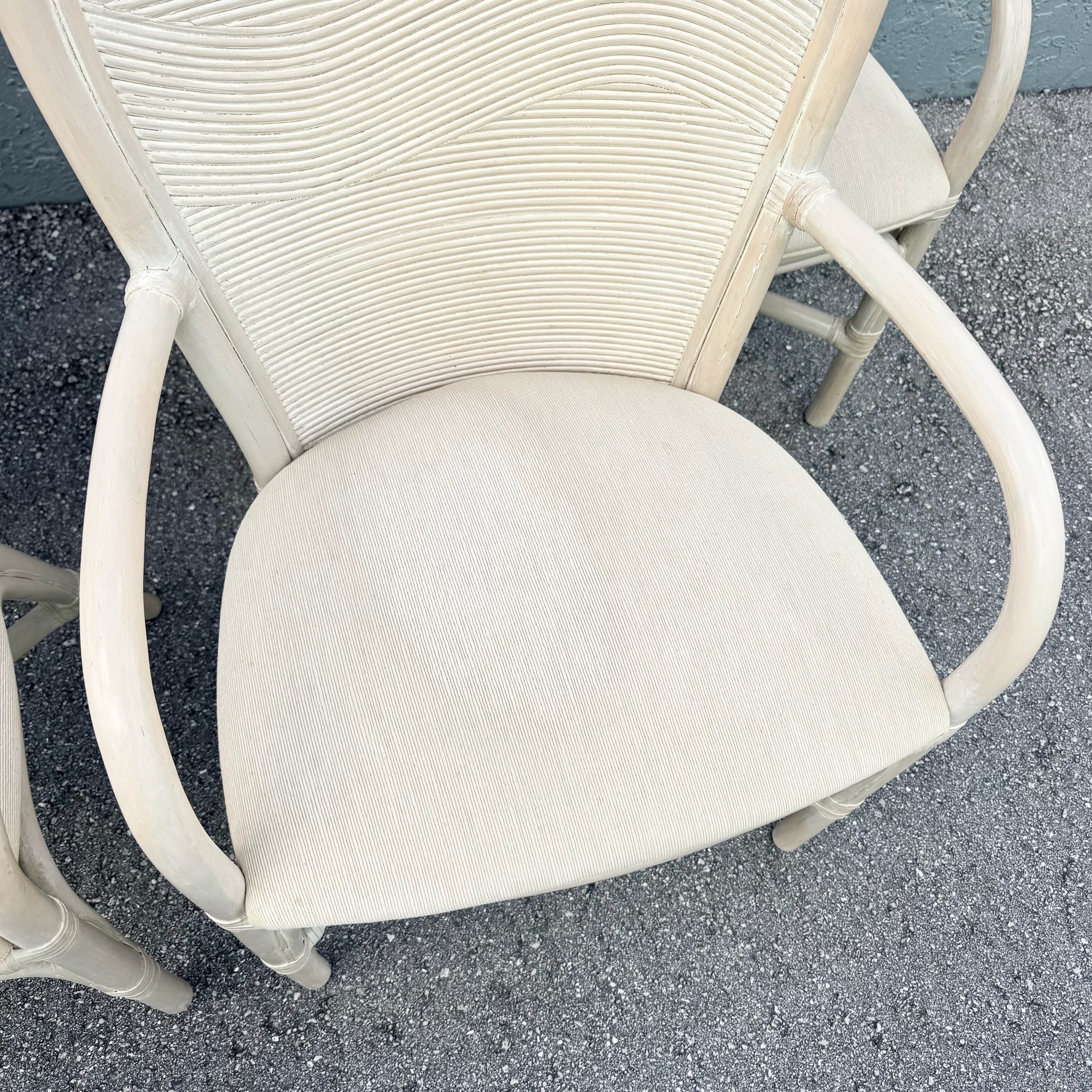 Boho Chic Wavy Pencil Reed and Rattan Dining Arm Chairs - Set of 4 Dolphin & Flamingo