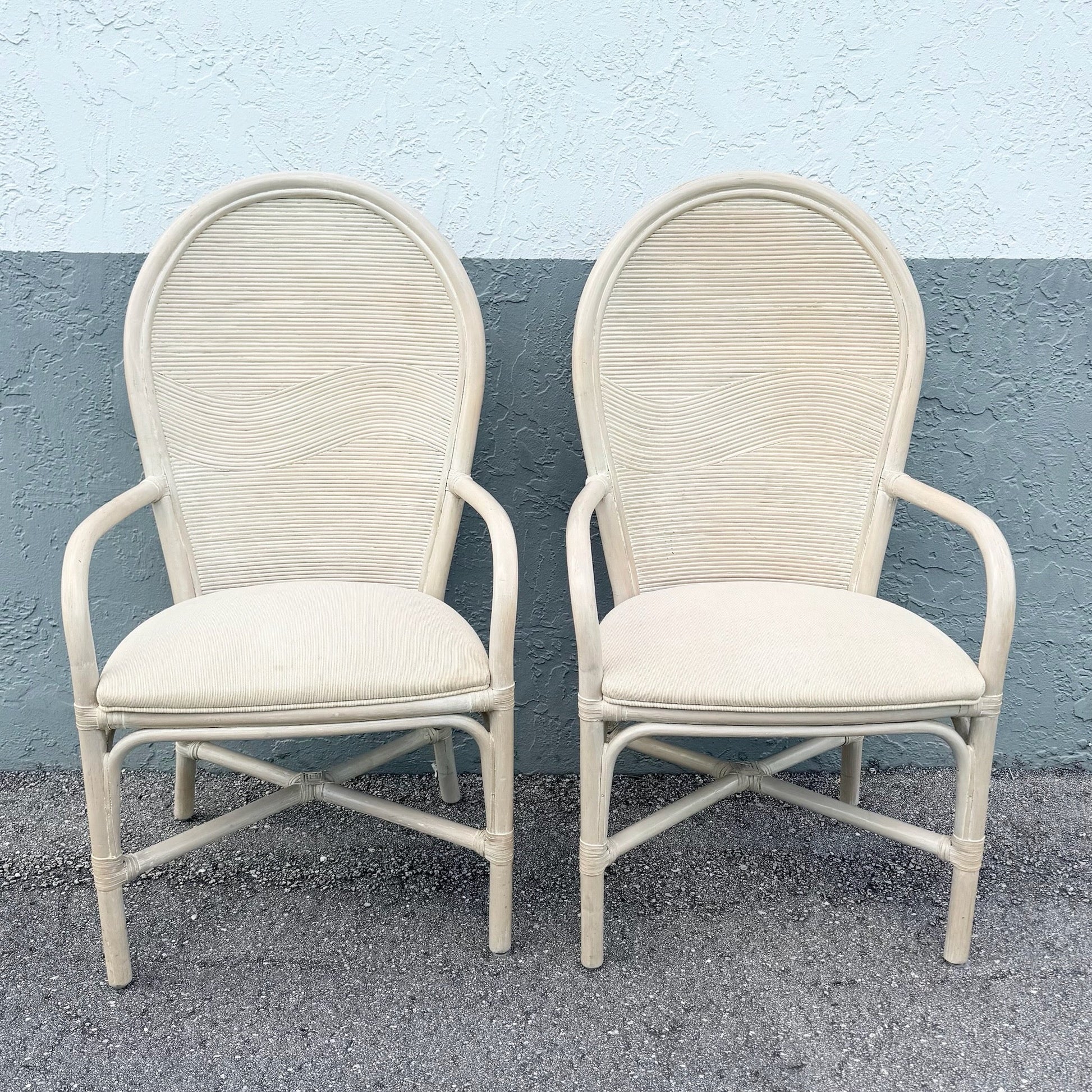 Boho Chic Wavy Pencil Reed and Rattan Dining Arm Chairs - Set of 4 Dolphin & Flamingo
