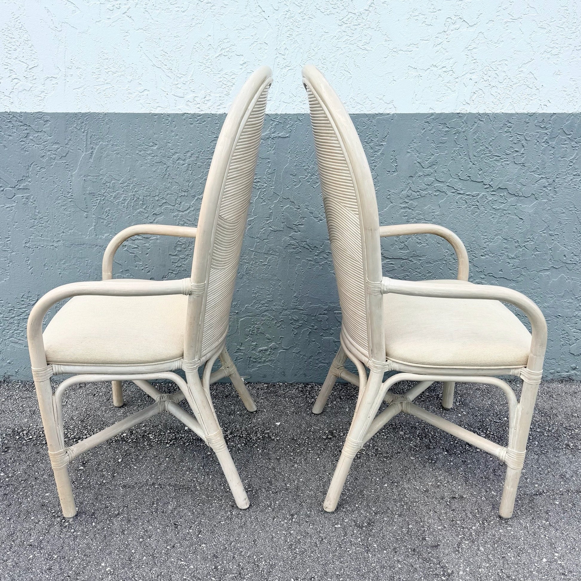 Boho Chic Wavy Pencil Reed and Rattan Dining Arm Chairs - Set of 4 Dolphin & Flamingo