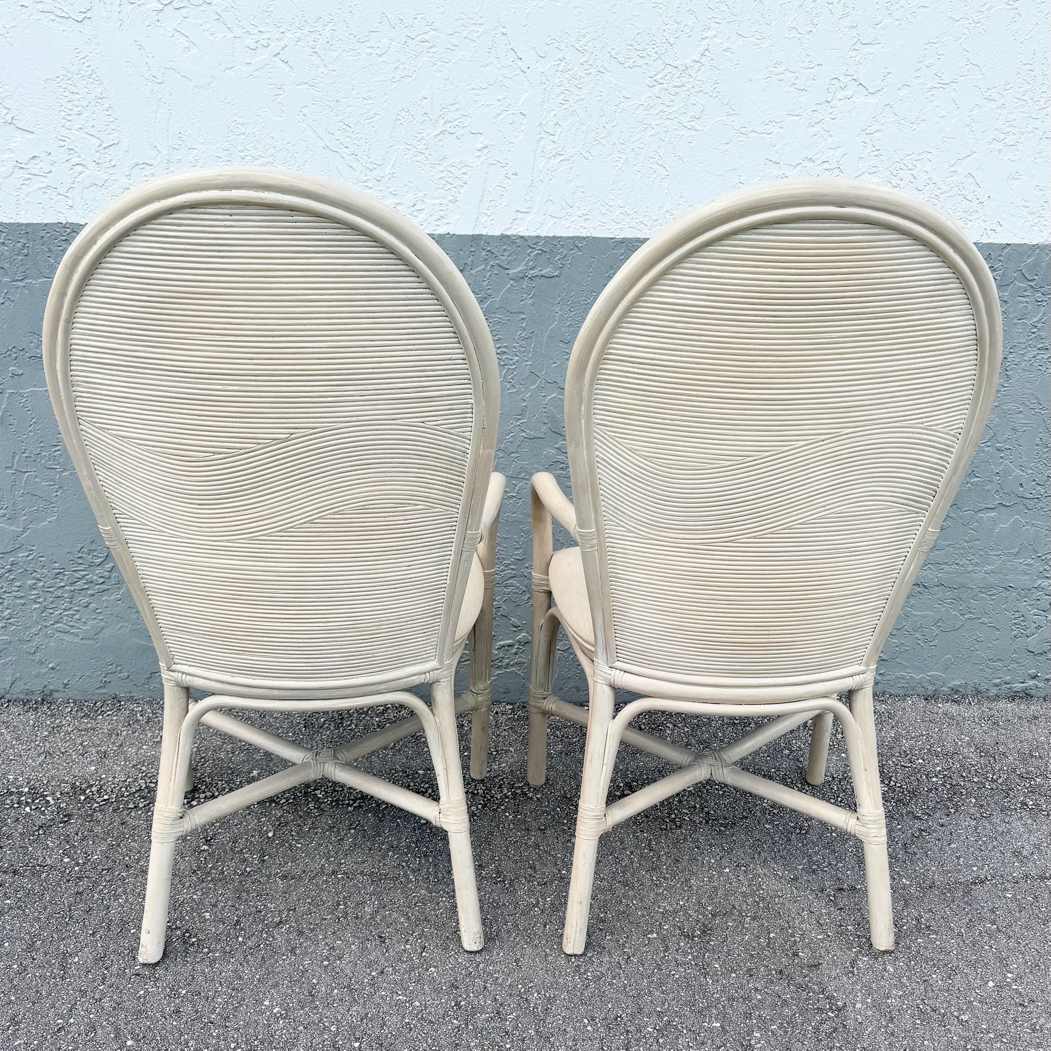 Boho Chic Wavy Pencil Reed and Rattan Dining Arm Chairs - Set of 4 Dolphin & Flamingo