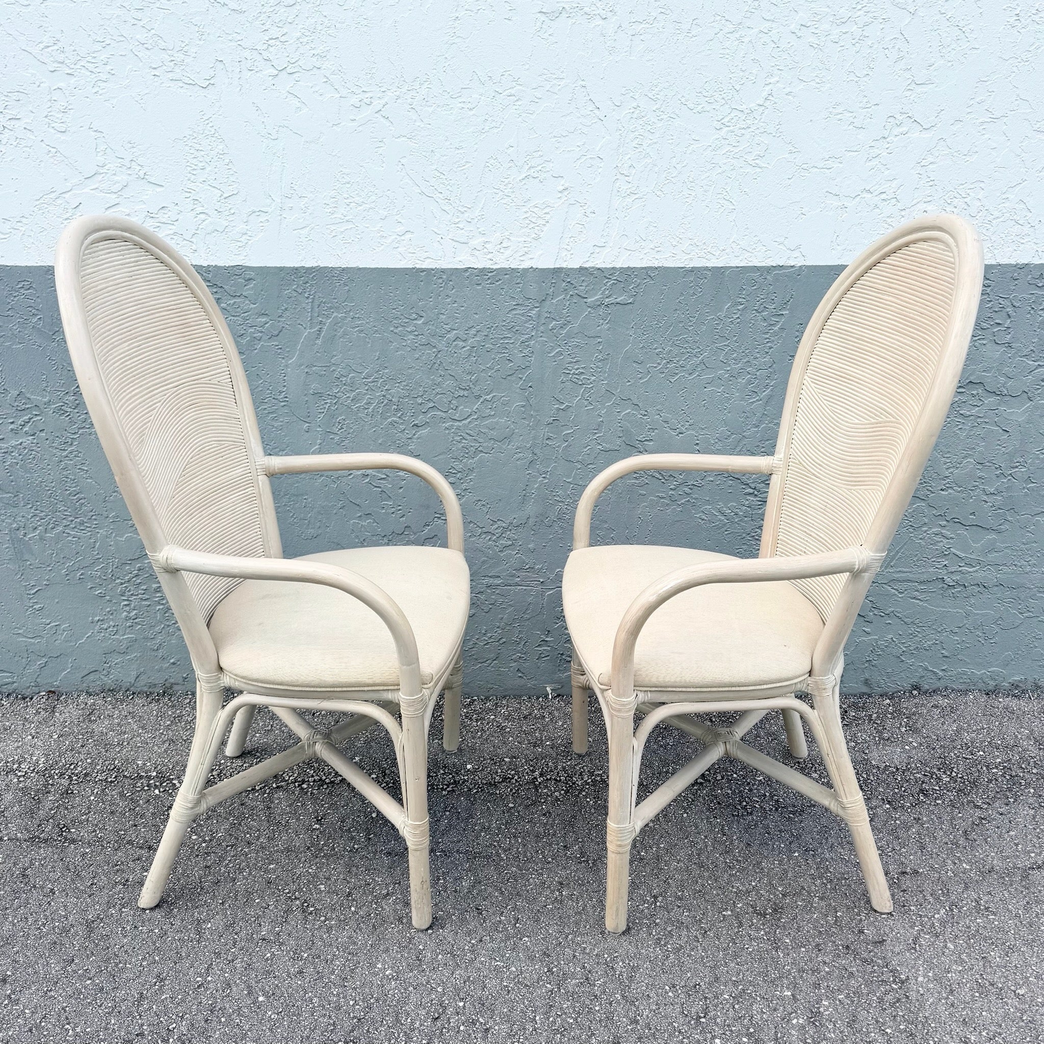 Boho Chic Wavy Pencil Reed and Rattan Dining Arm Chairs - Set of 4 Dolphin & Flamingo