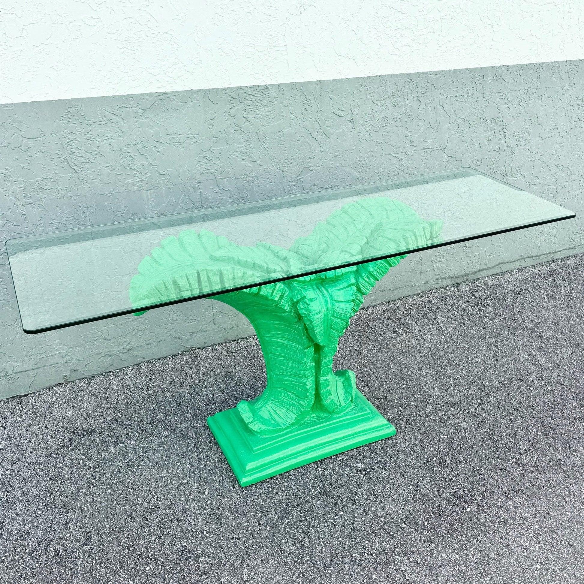 Boho Chic Green Banana Leaf Glass Top Console Table Dolphin & Flamingo