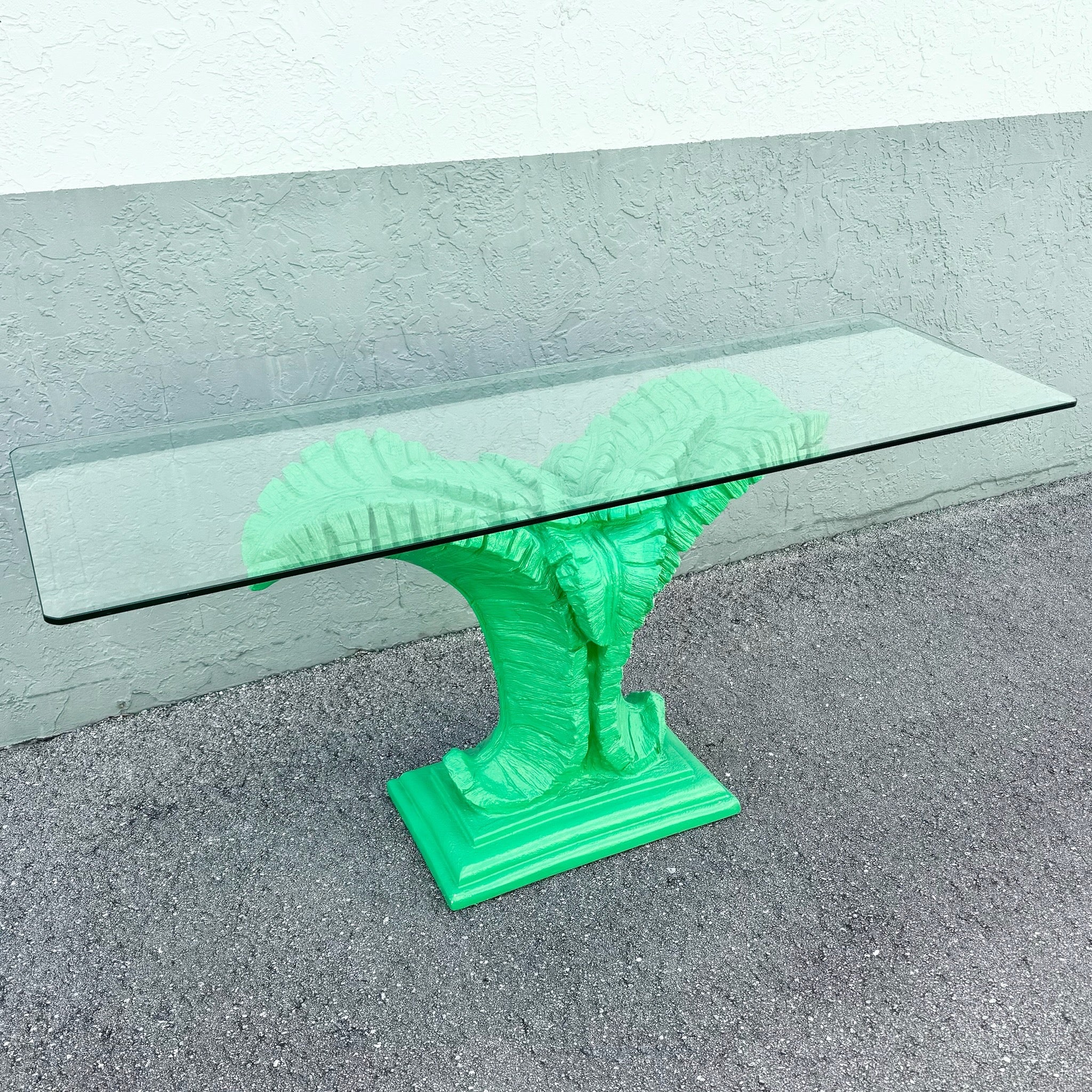 Boho Chic Green Banana Leaf Glass Top Console Table Dolphin & Flamingo