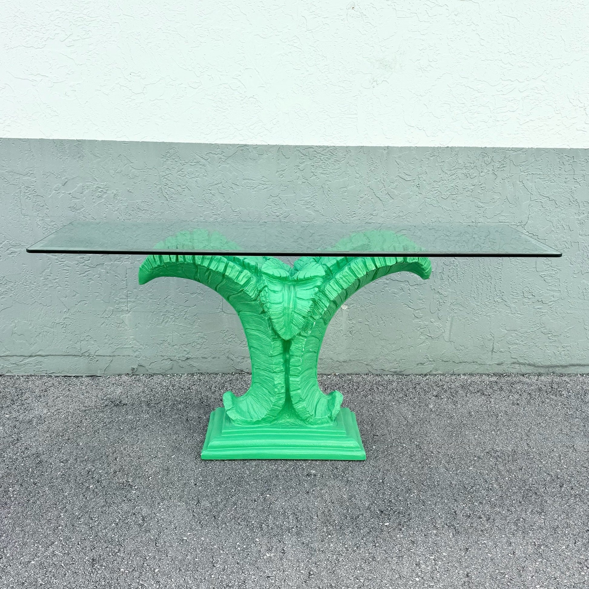 Boho Chic Green Banana Leaf Glass Top Console Table Dolphin & Flamingo