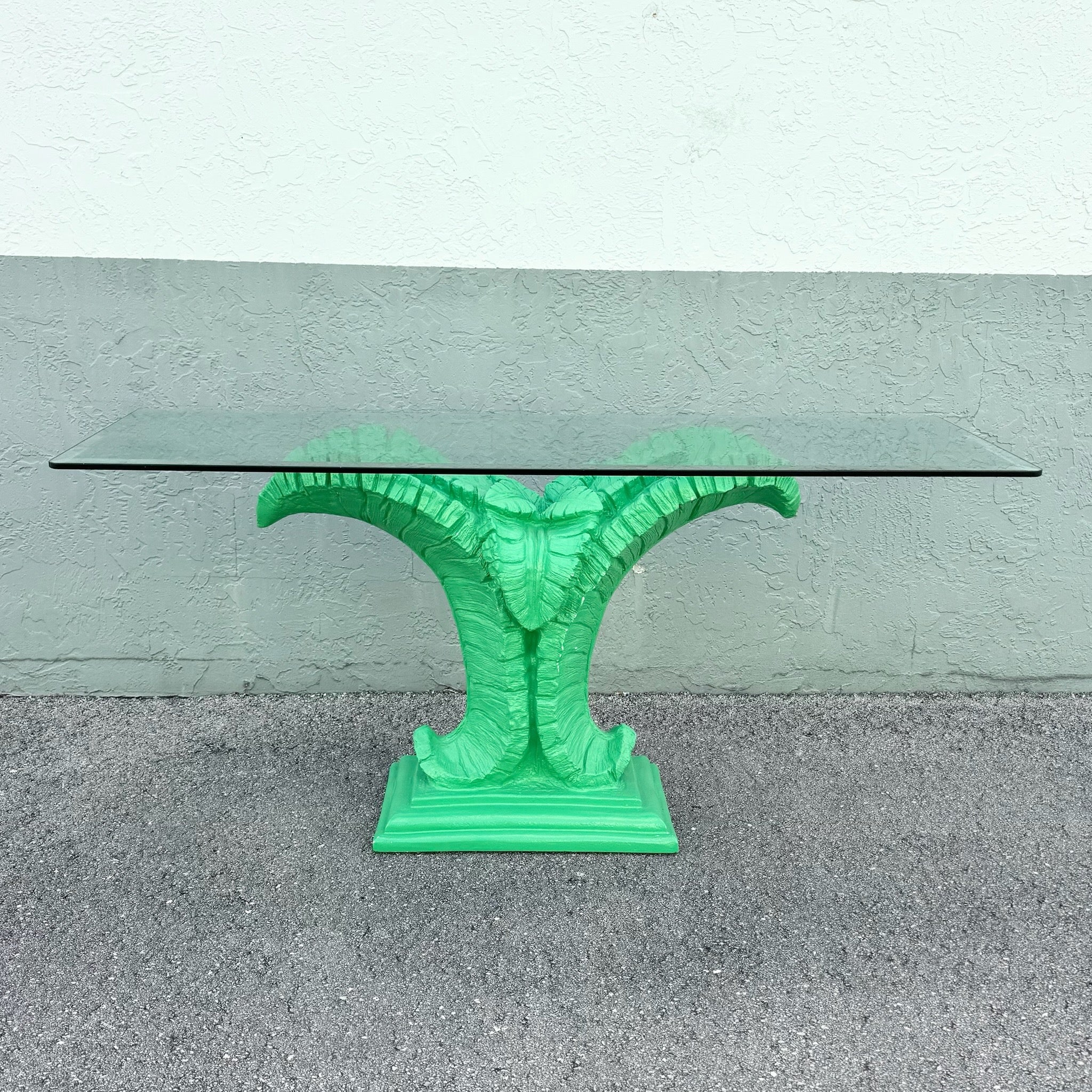 Boho Chic Green Banana Leaf Glass Top Console Table Dolphin & Flamingo