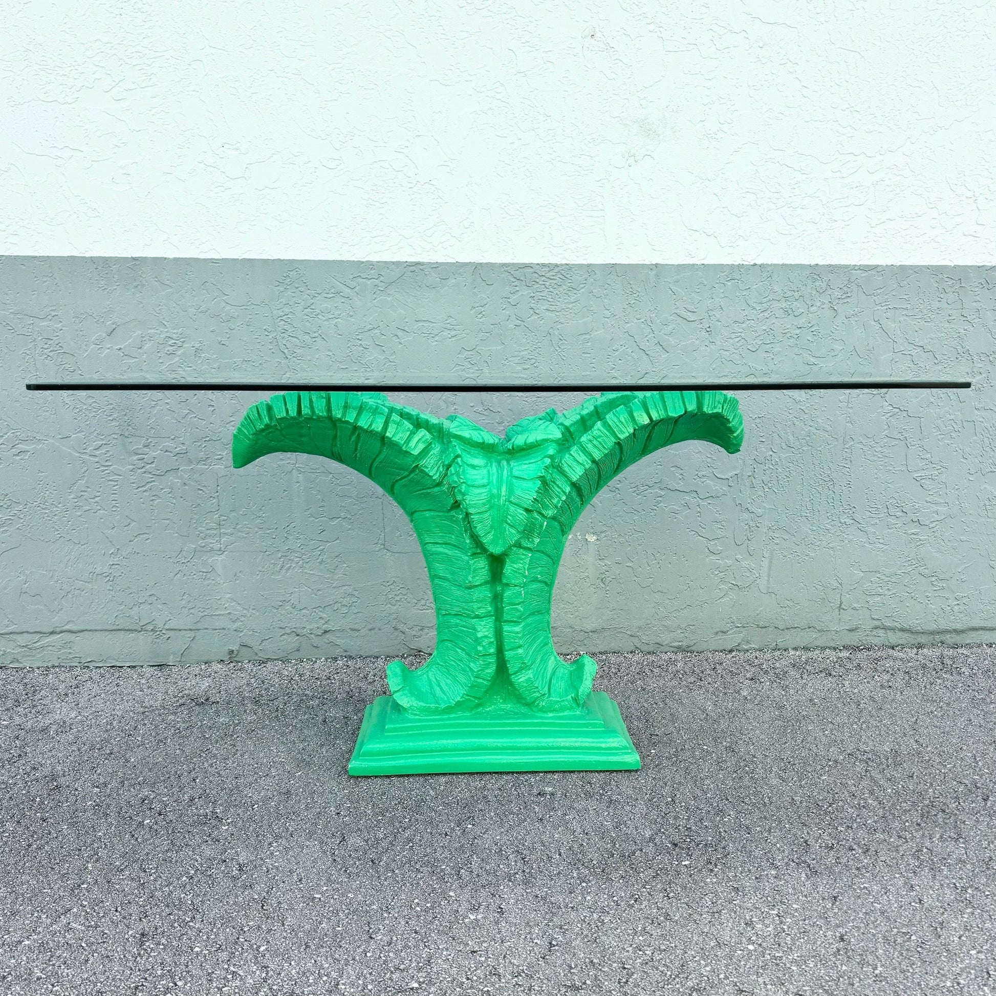 Boho Chic Green Banana Leaf Glass Top Console Table Dolphin & Flamingo