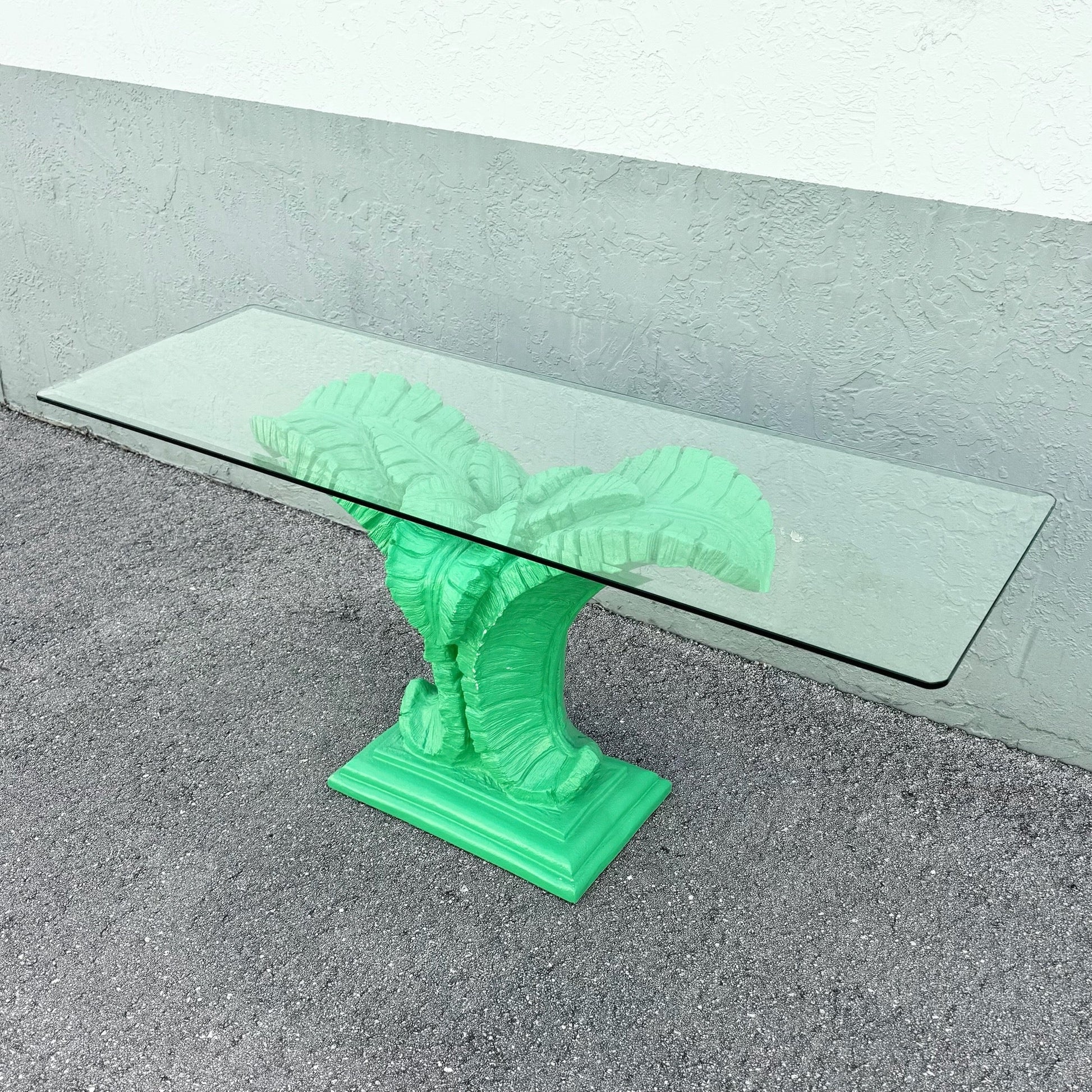 Boho Chic Green Banana Leaf Glass Top Console Table Dolphin & Flamingo