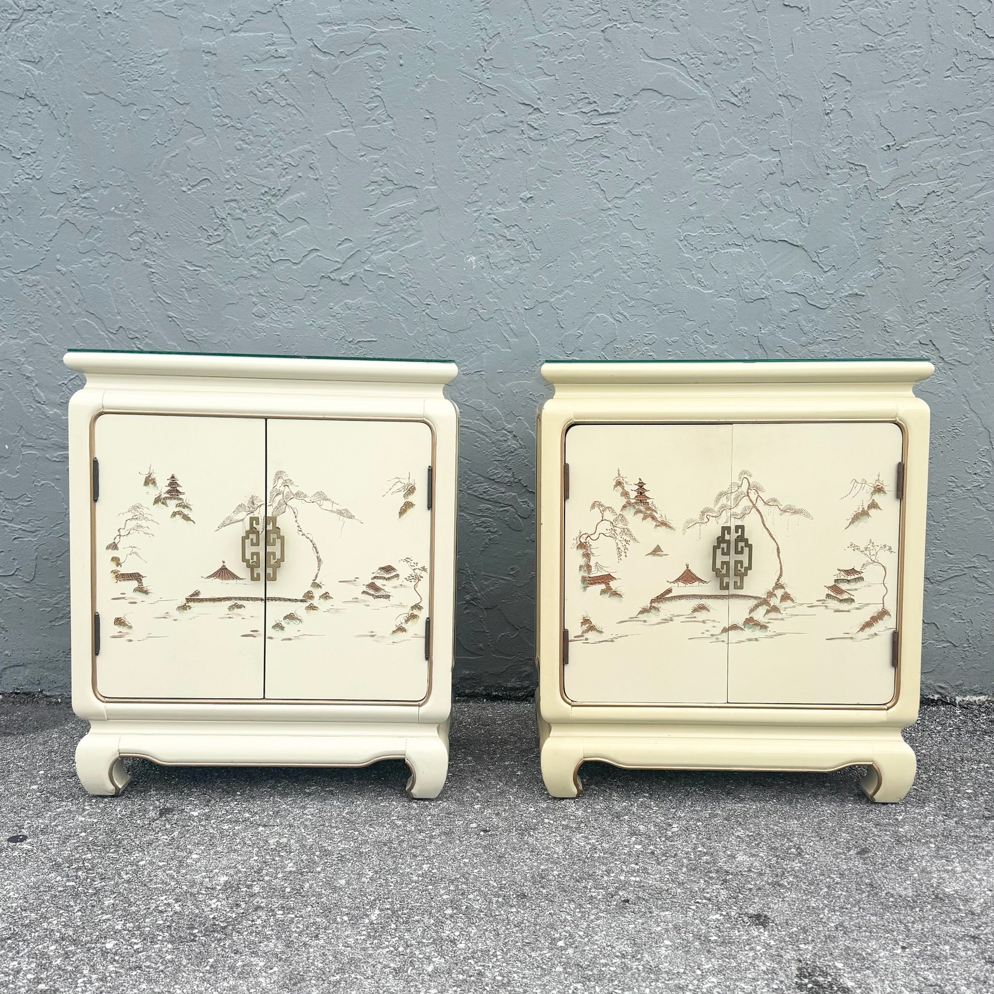 Vintage Chinese Hand Painted Cream and Gold Glass Top Nightstands/Cabinets - A Pair Dolphin & Flamingo