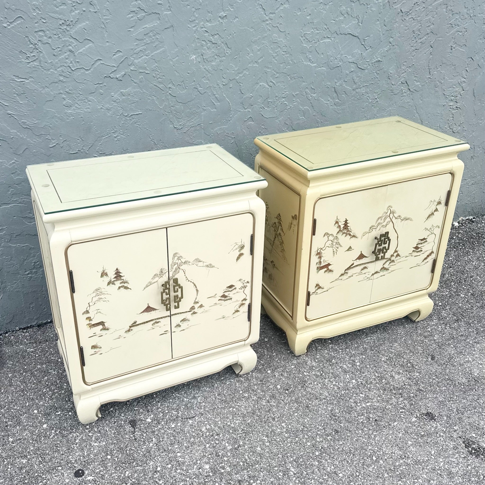 Vintage Chinese Hand Painted Cream and Gold Glass Top Nightstands/Cabinets - A Pair Dolphin & Flamingo