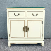 Vintage Chinese Cream and Gold Glass Top Sideboard/Cabinet Dolphin & Flamingo