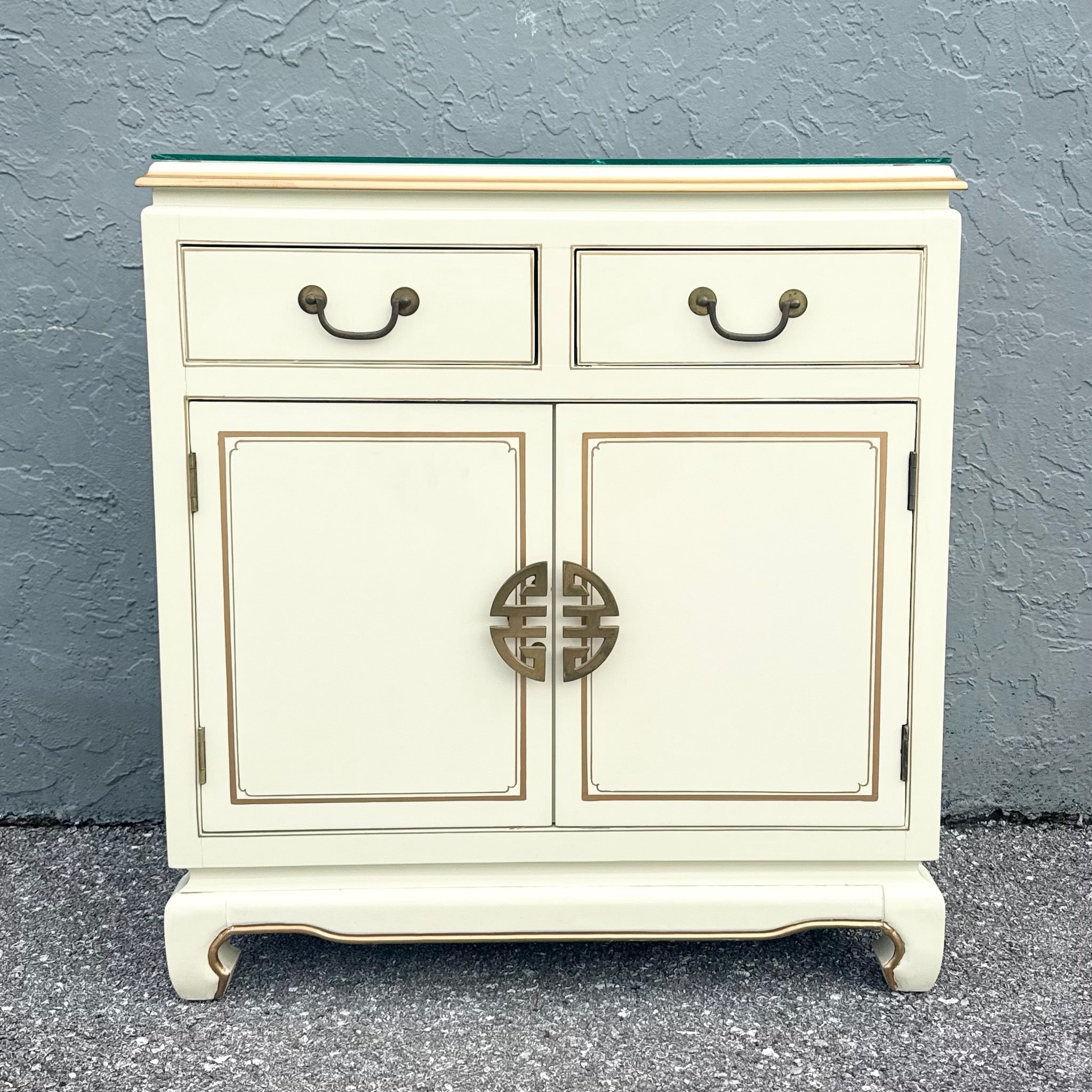 Vintage Chinese Cream and Gold Glass Top Sideboard/Cabinet Dolphin & Flamingo