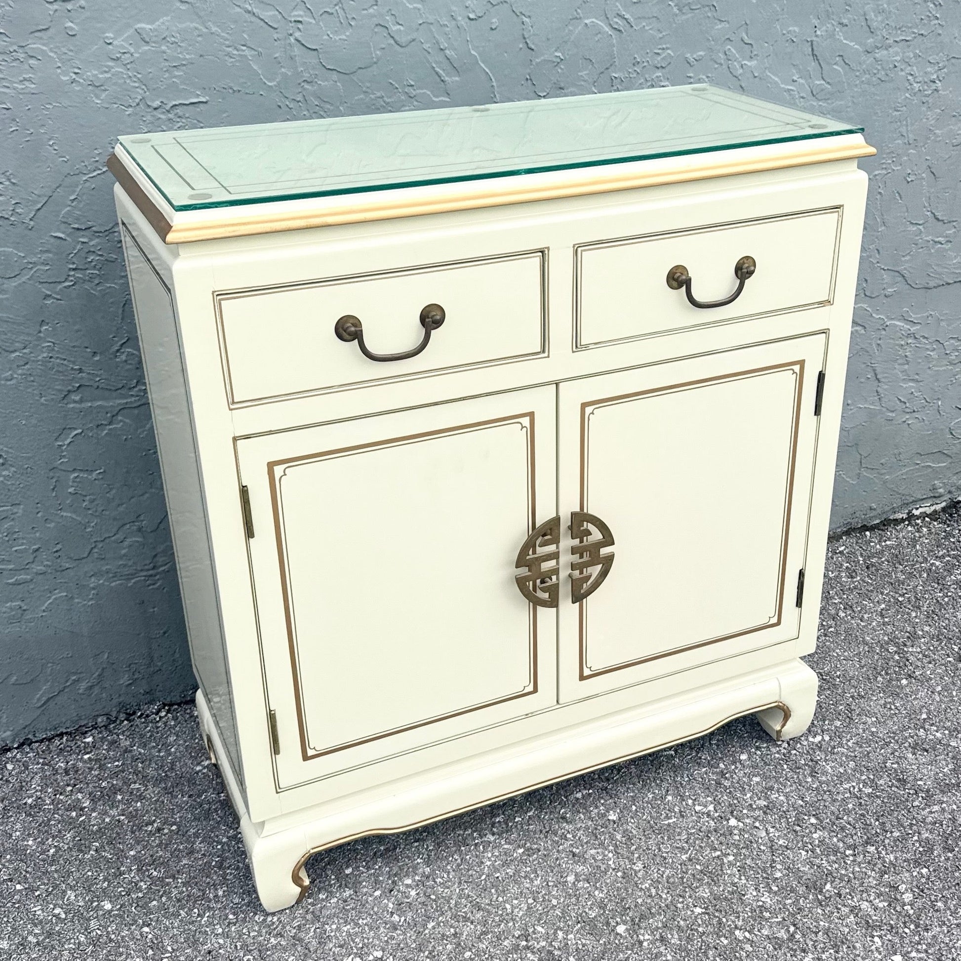 Vintage Chinese Cream and Gold Glass Top Sideboard/Cabinet Dolphin & Flamingo