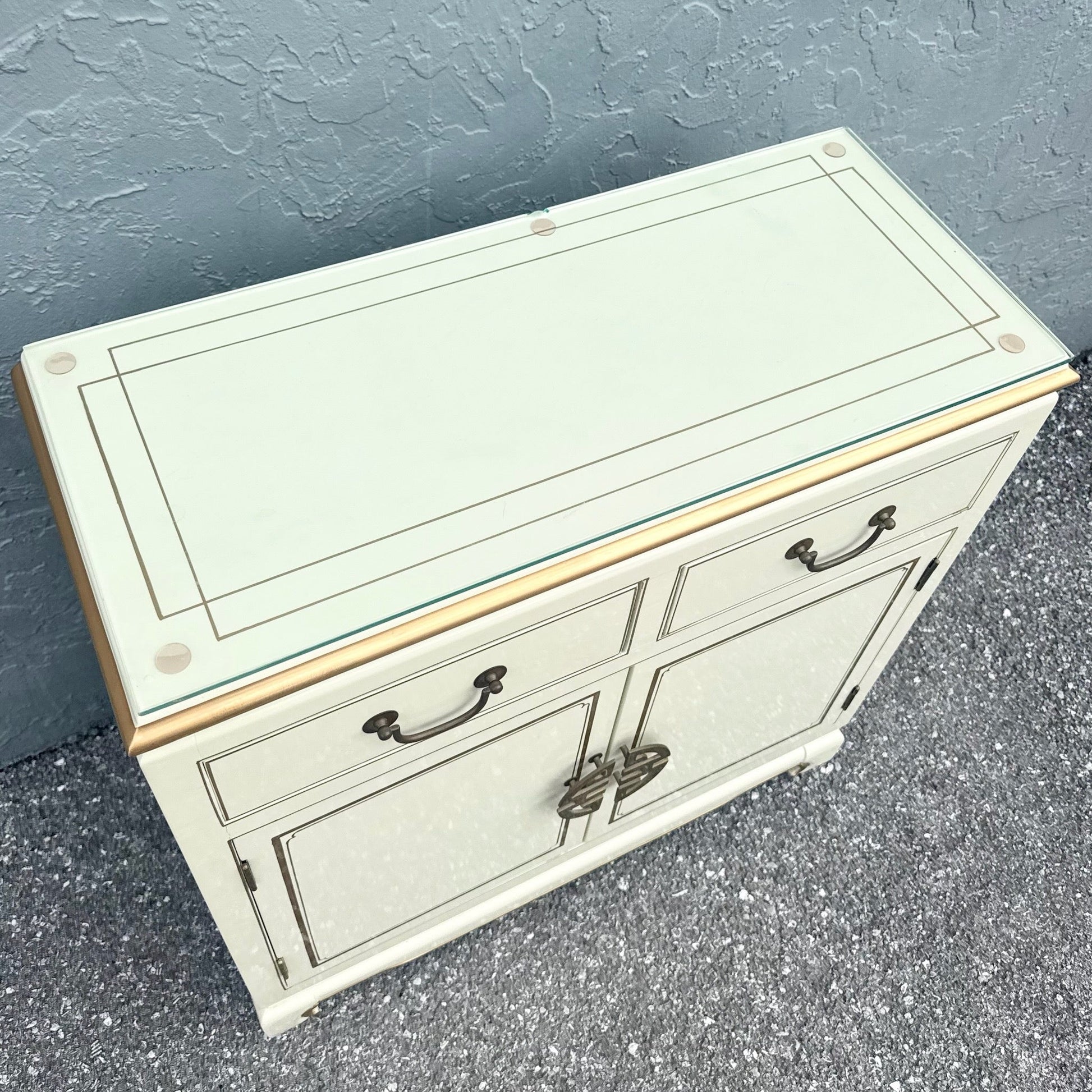 Vintage Chinese Cream and Gold Glass Top Sideboard/Cabinet Dolphin & Flamingo