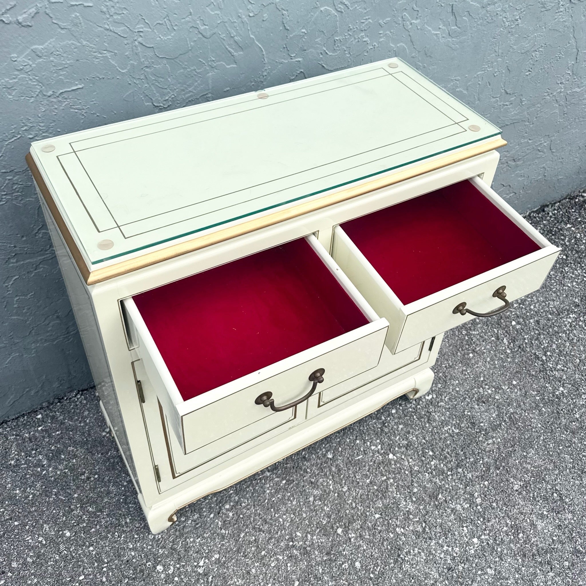 Vintage Chinese Cream and Gold Glass Top Sideboard/Cabinet Dolphin & Flamingo