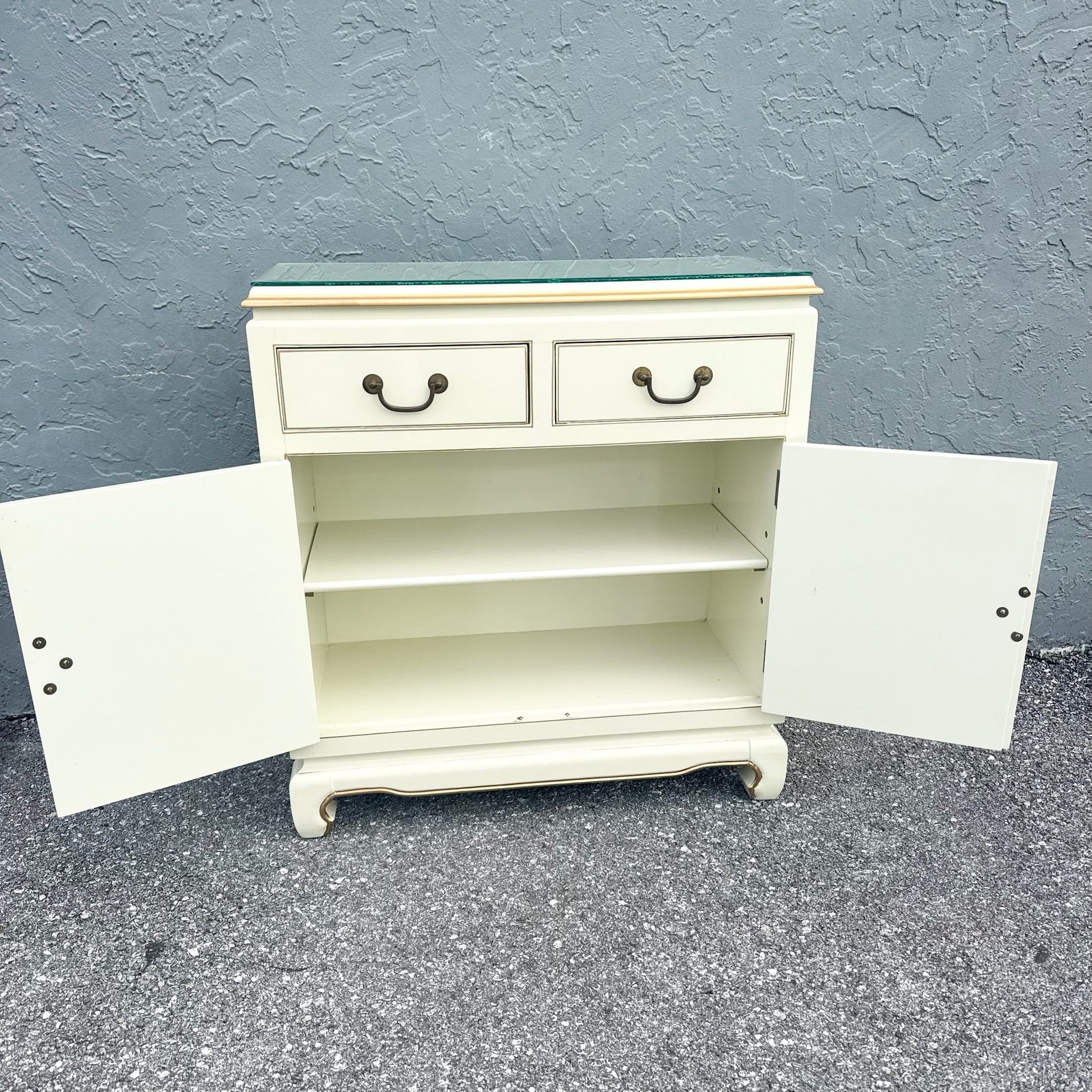 Vintage Chinese Cream and Gold Glass Top Sideboard/Cabinet Dolphin & Flamingo