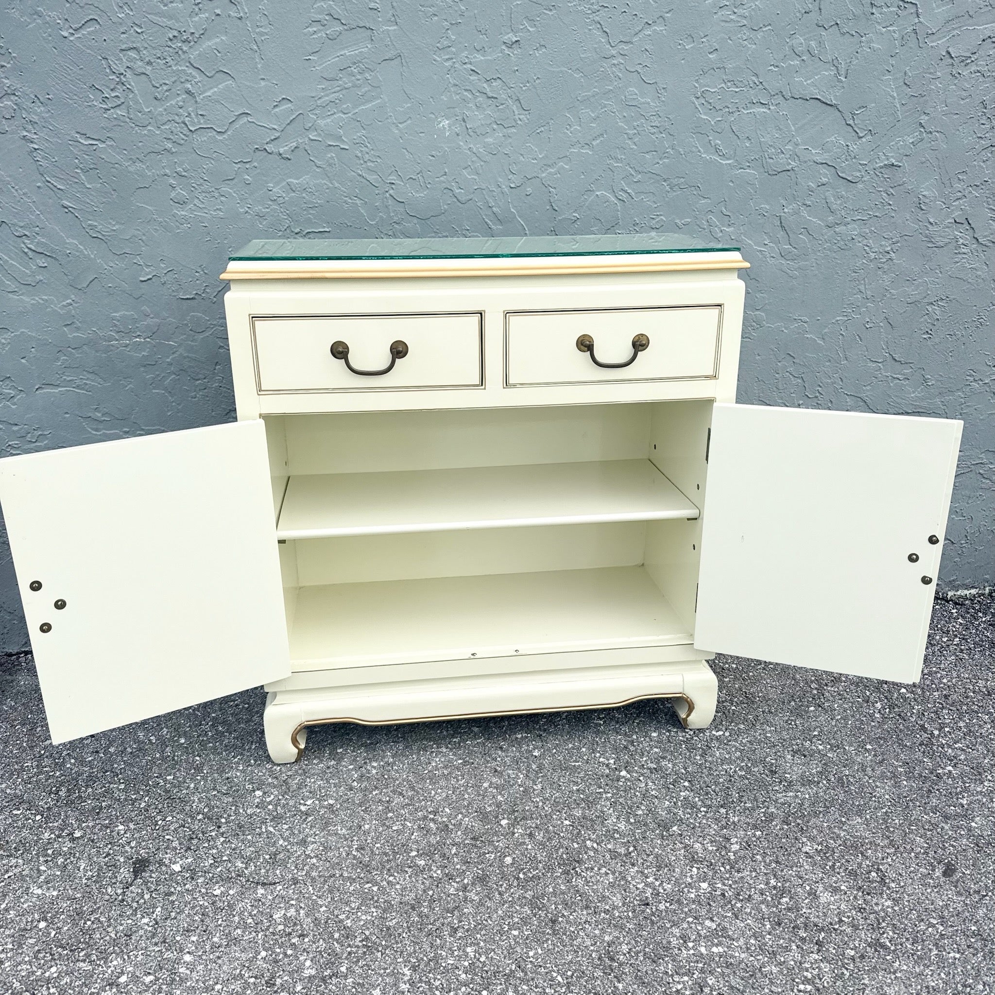 Vintage Chinese Cream and Gold Glass Top Sideboard/Cabinet Dolphin & Flamingo