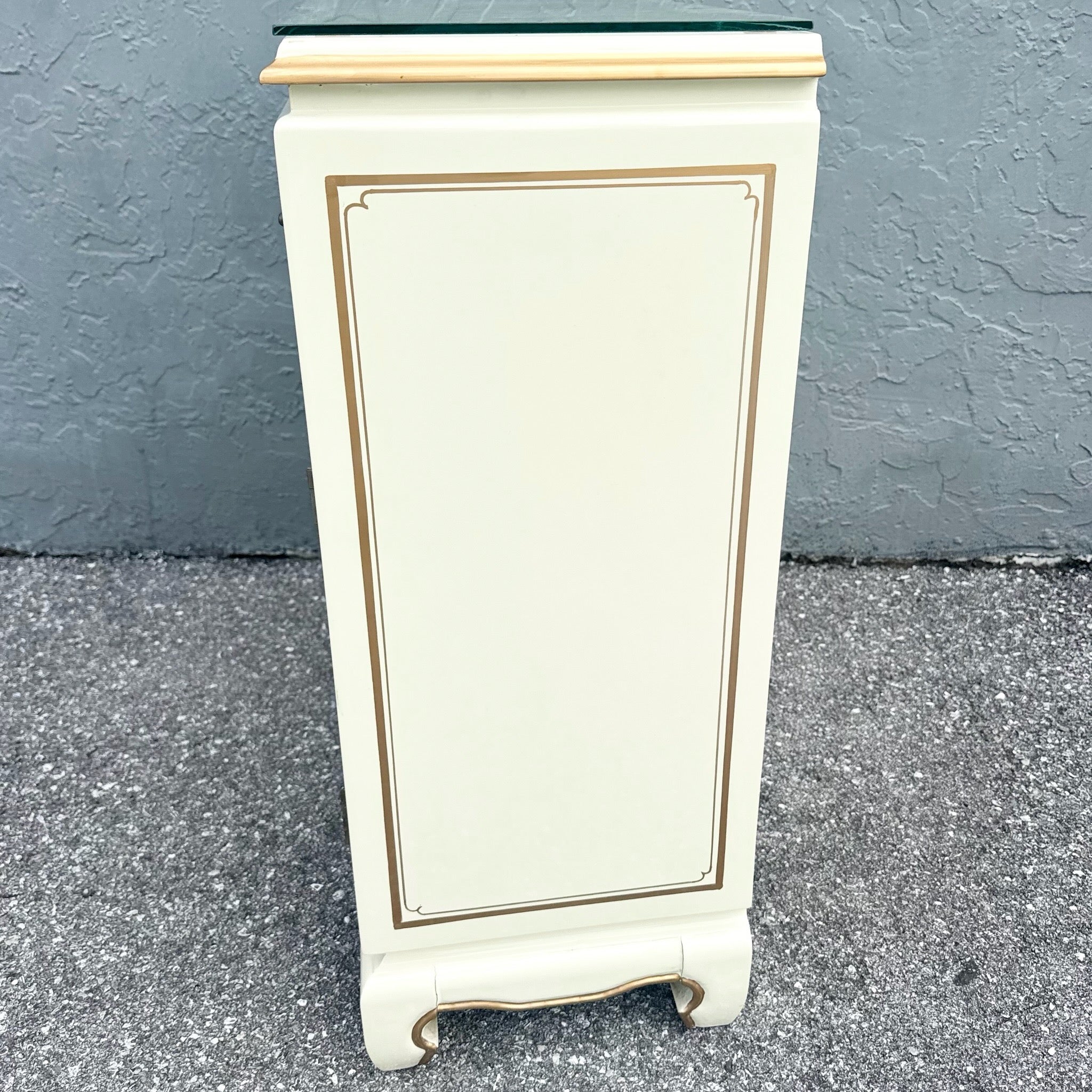 Vintage Chinese Cream and Gold Glass Top Sideboard/Cabinet Dolphin & Flamingo