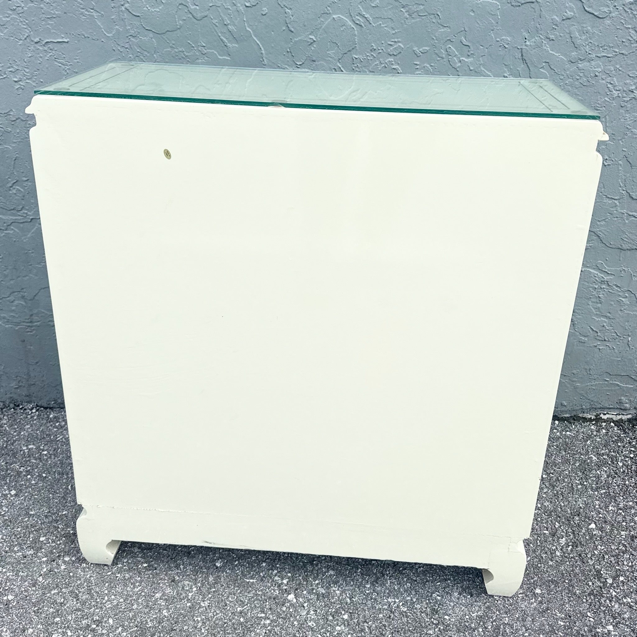 Vintage Chinese Cream and Gold Glass Top Sideboard/Cabinet Dolphin & Flamingo