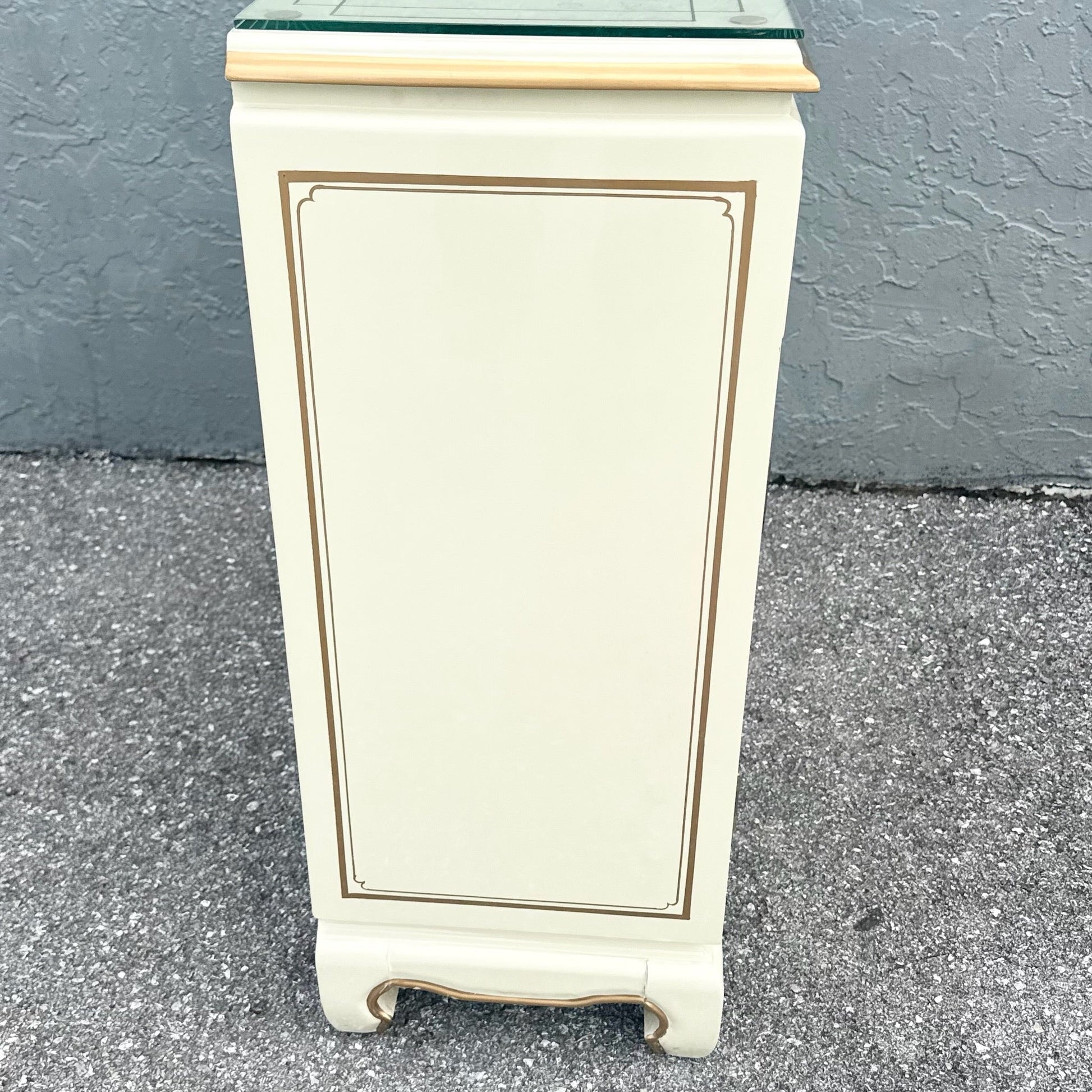 Vintage Chinese Cream and Gold Glass Top Sideboard/Cabinet Dolphin & Flamingo