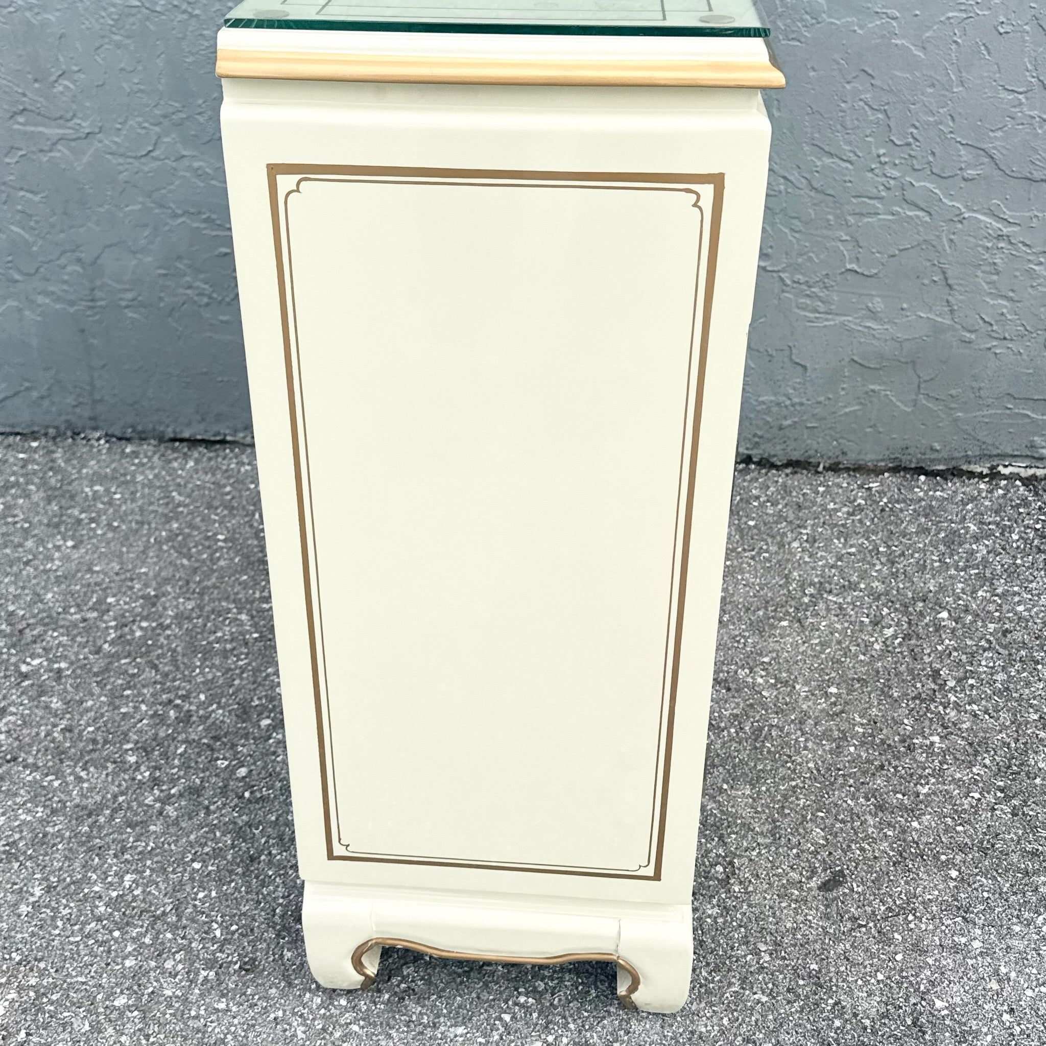 Vintage Chinese Cream and Gold Glass Top Sideboard/Cabinet Dolphin & Flamingo