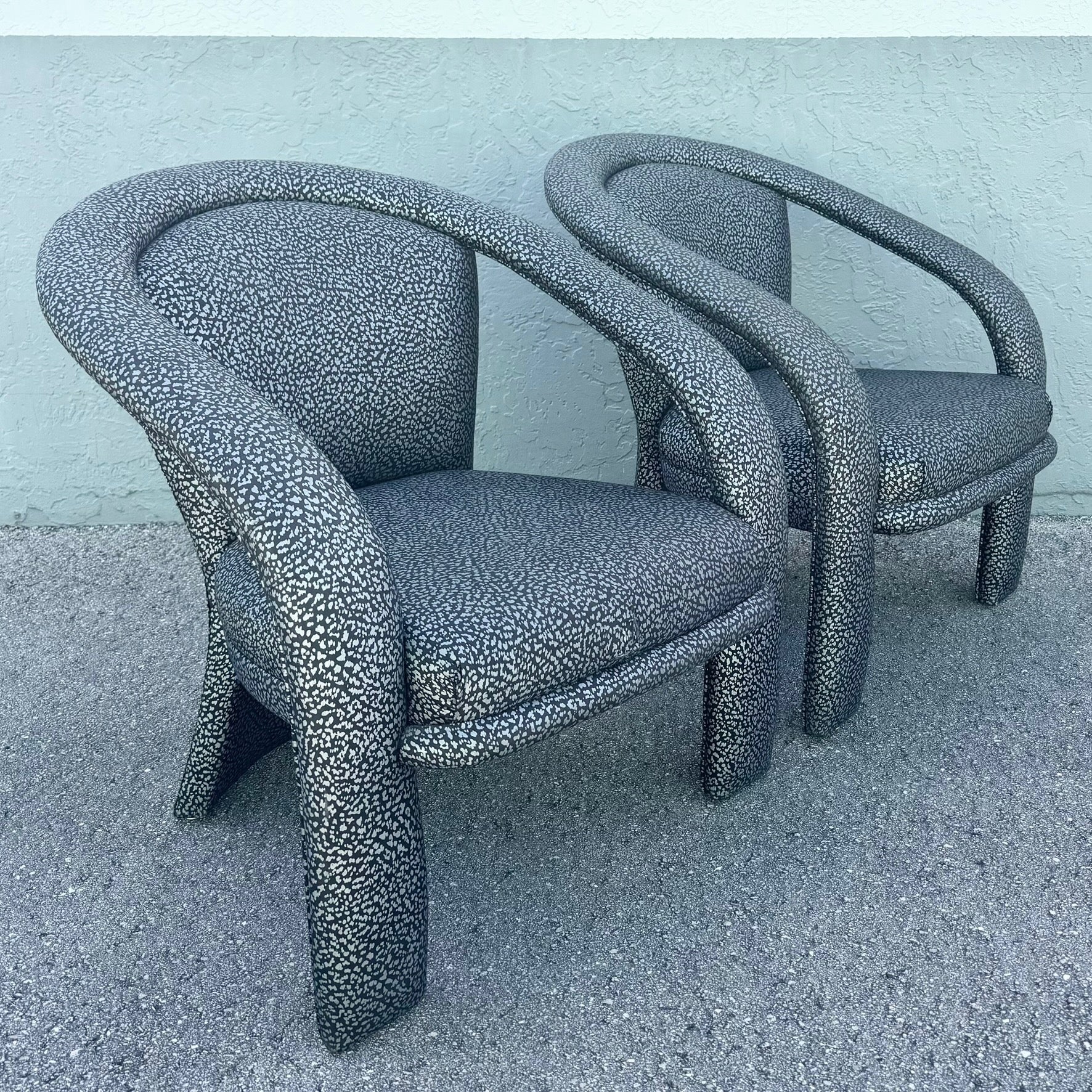 Postmodern Silver and Black Leopard Print Lounge Chairs - A Pair Dolphin & Flamingo